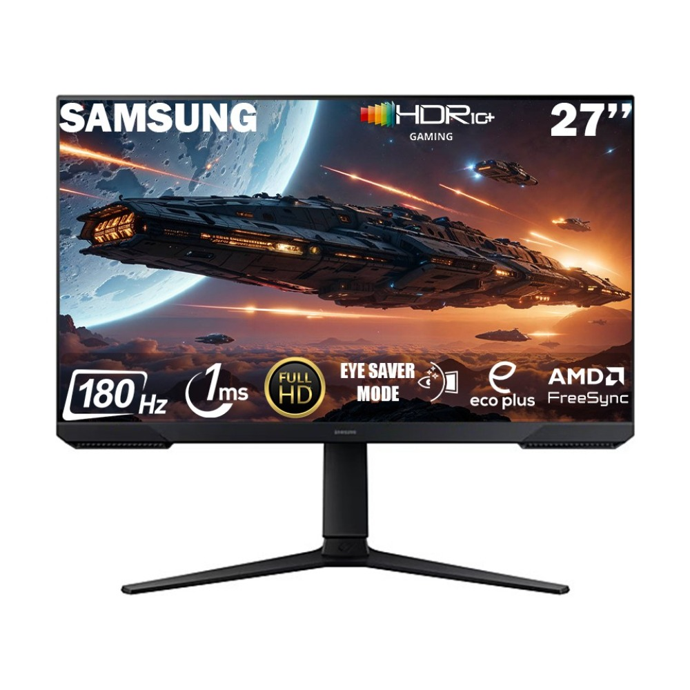 Samsung 27" oyun monitörü. Özellikler: 180Hz, 1ms, HDR ve Eye Saver modu. Ekranda uzay sahnesi.