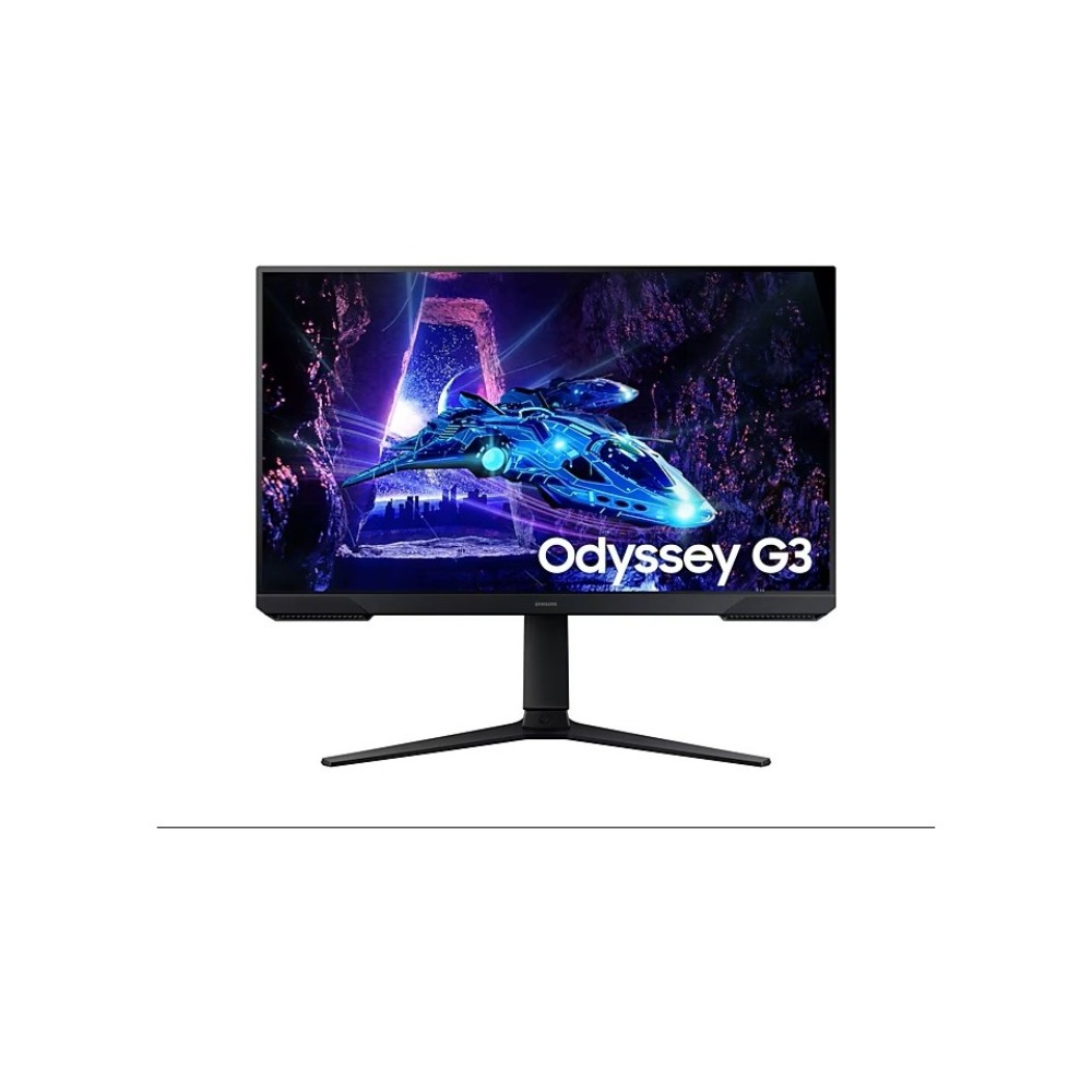 Siyah Odyssey G3 monitör, mavi bir uzay gemisi görüntüsü gösteriyor. Beyaz bir arka plan üzerinde siyah bir stand üzerinde.