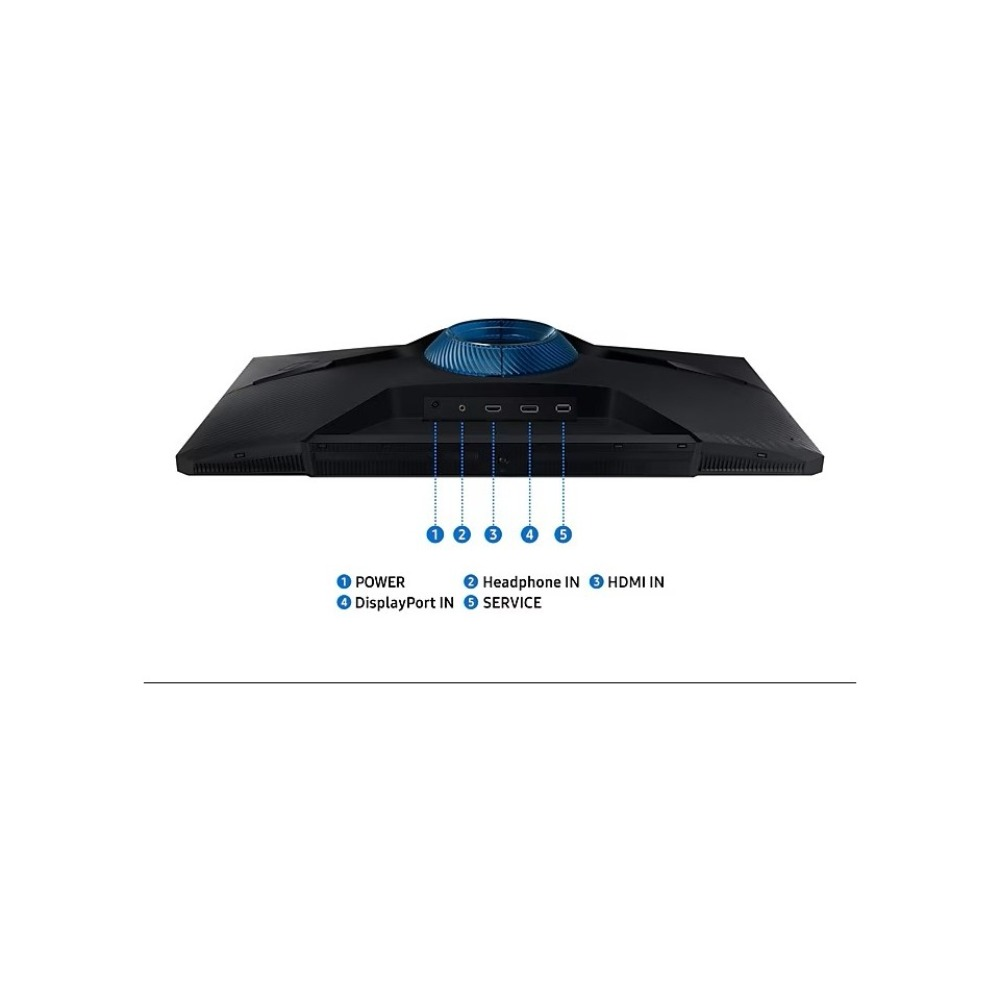 Mavi detaylara sahip siyah bir monitörün arka görünümü. Güç, kulaklık girişi, HDMI girişi, DisplayPort ve servis bağlantı noktalarını gösterir.