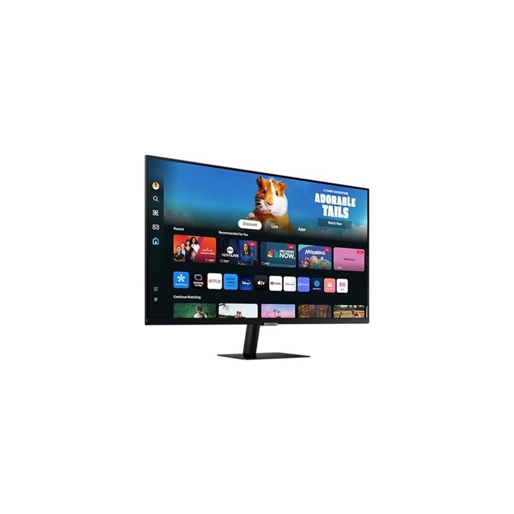 Düz ekran bir TV, bir kobay ile bir program gösteriyor. Ekranda çeşitli uygulama simgeleri var. TV, siyah bir stand üzerinde.