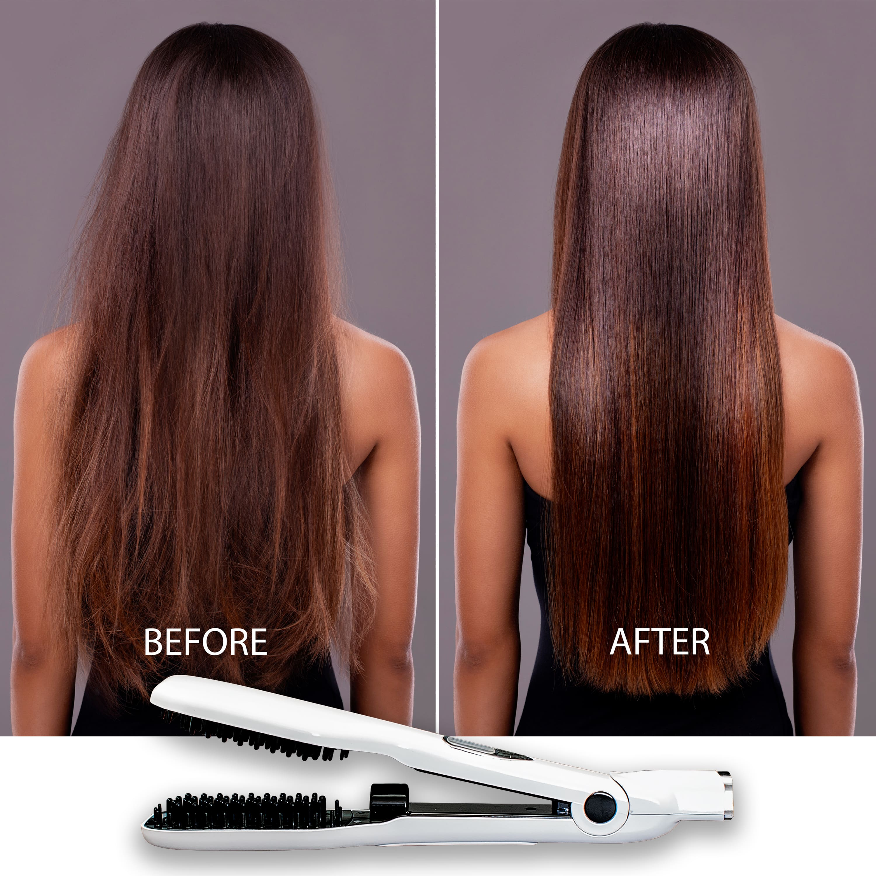 L'immagine mostra capelli crespi prima e lisci dopo. Sotto c'è una spazzola per lisciare i capelli.