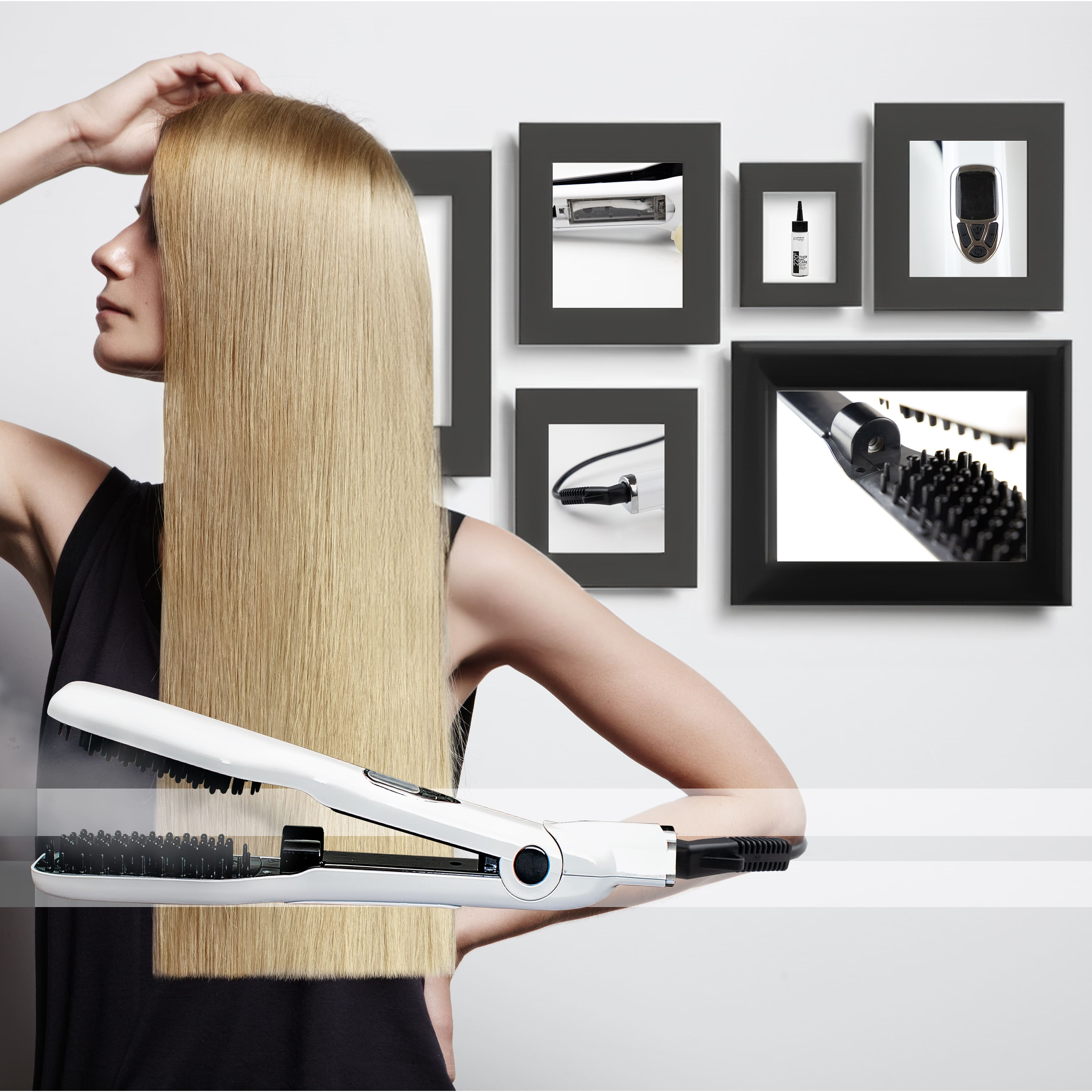 Donna con lunghi capelli biondi tiene una piastra. Sullo sfondo, immagini incorniciate di strumenti per capelli.