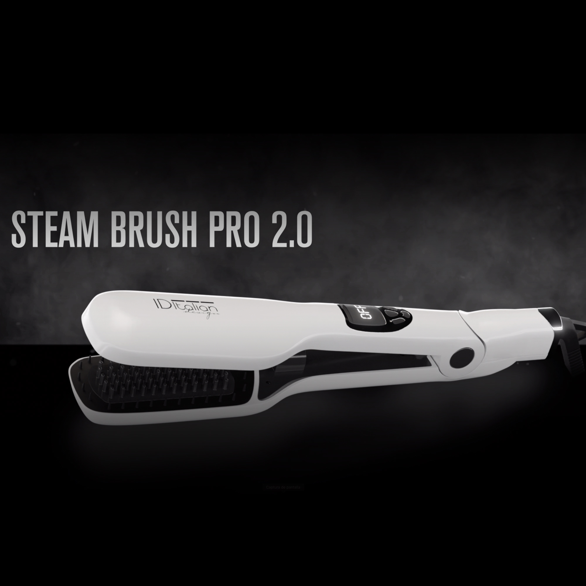 Una spazzola a vapore bianca e nera, etichettata Steam Brush Pro 2.0. Lo sfondo è nero.