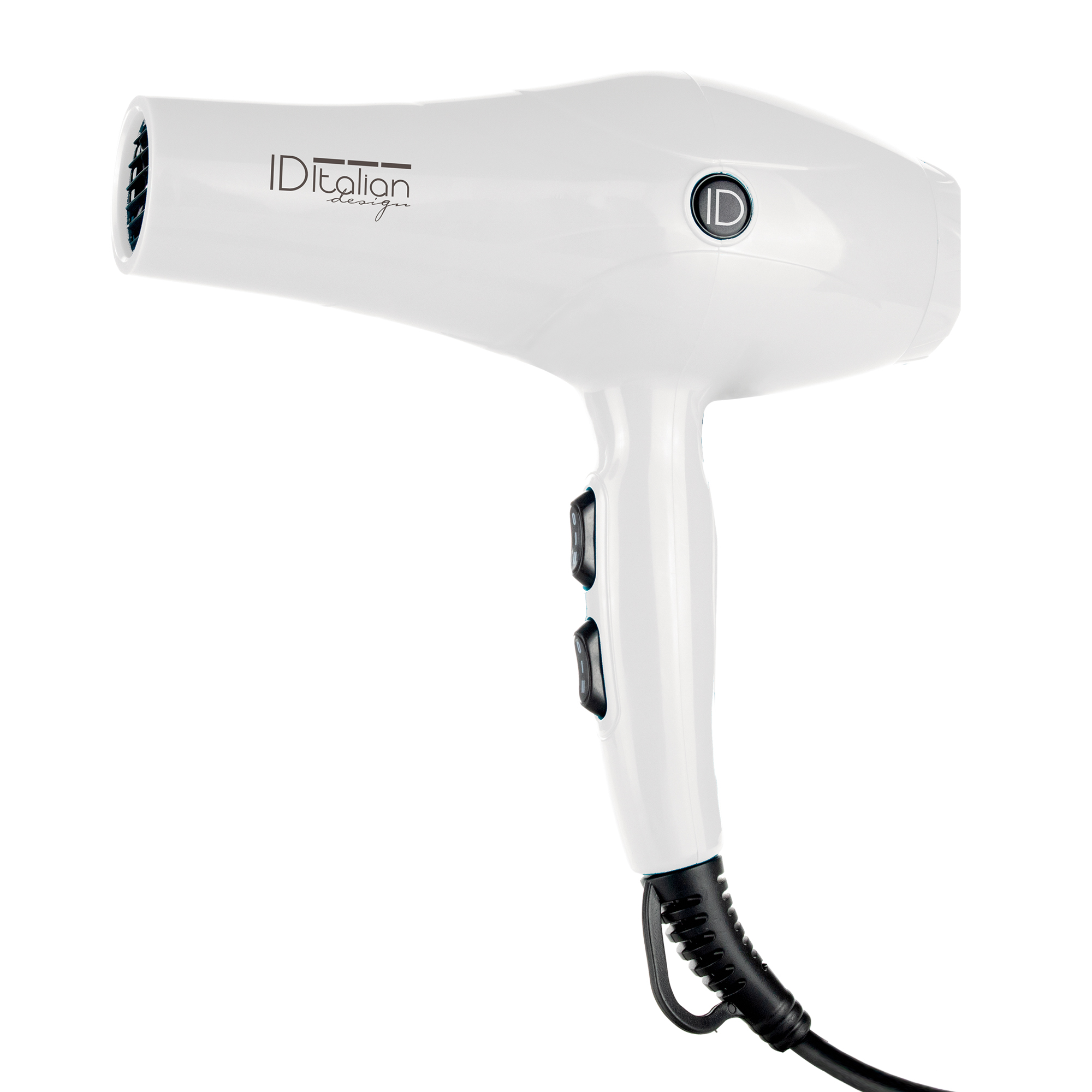 Asciugacapelli bianco con pulsanti e cavo neri. Il marchio ID Italian Design è visibile.