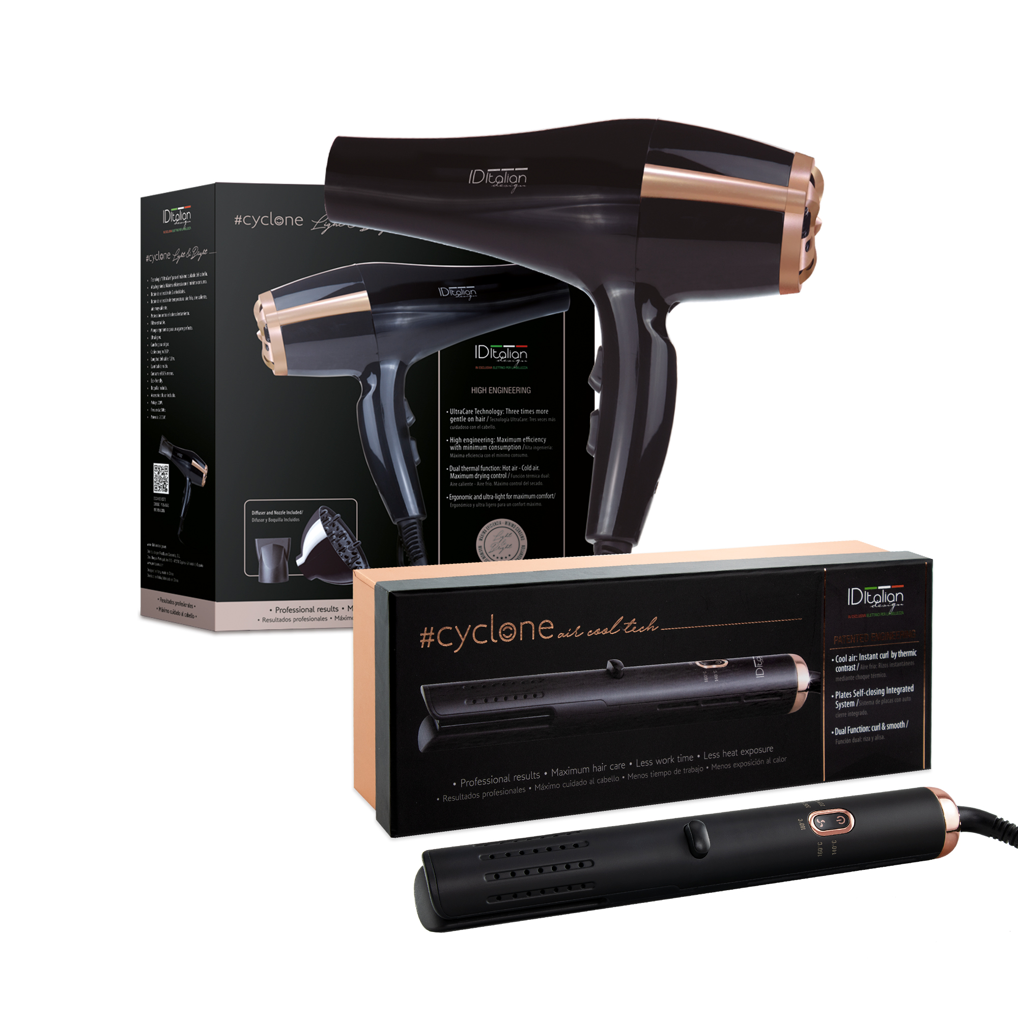 L'immagine mostra prodotti per lo styling dei capelli, tra cui un asciugacapelli nero, una piastra e scatole con dettagli.