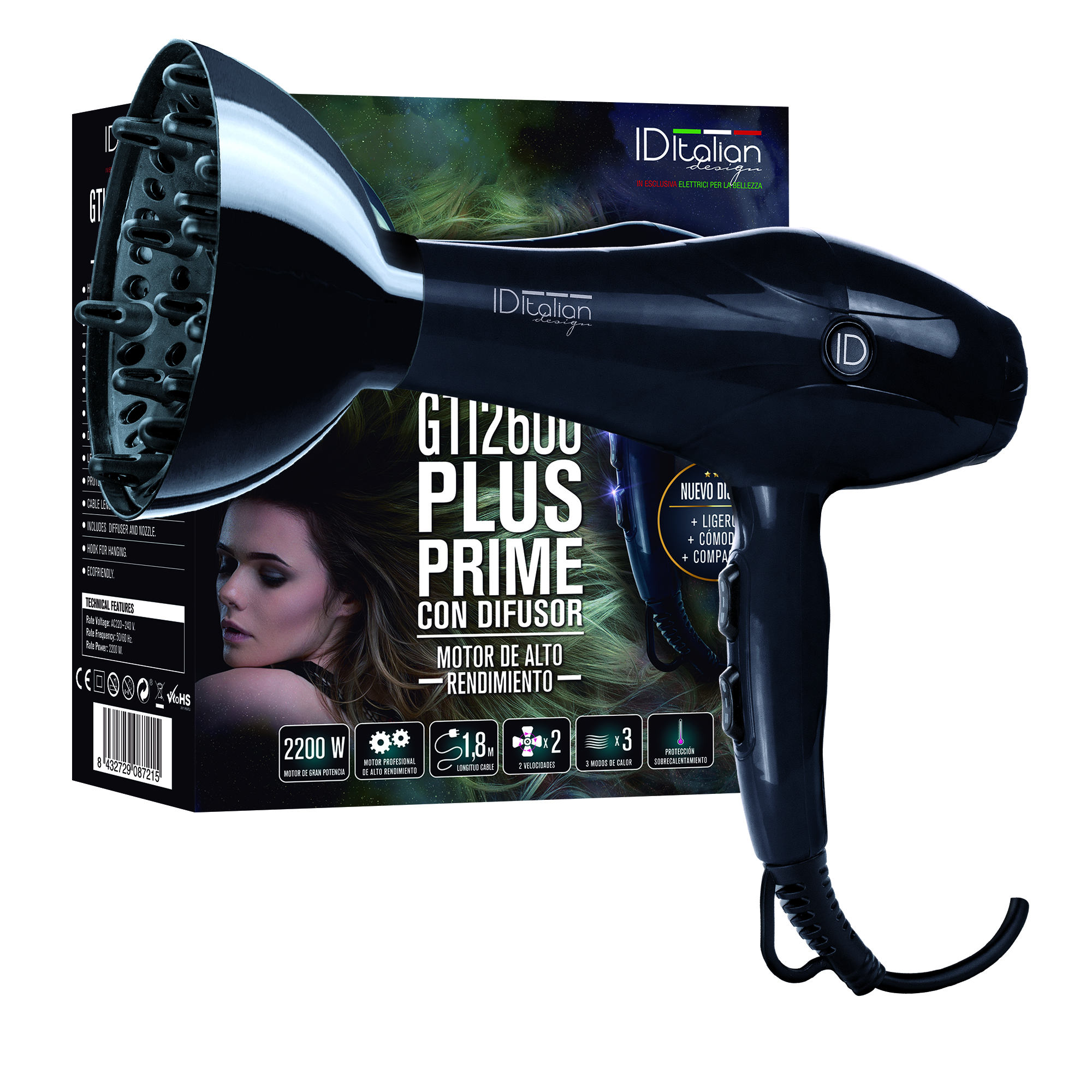 Asciugacapelli nero con diffusore. Marchio IDitalian. Testo sulla confezione: Plus Prime, 2200W e altri dettagli del prodotto.