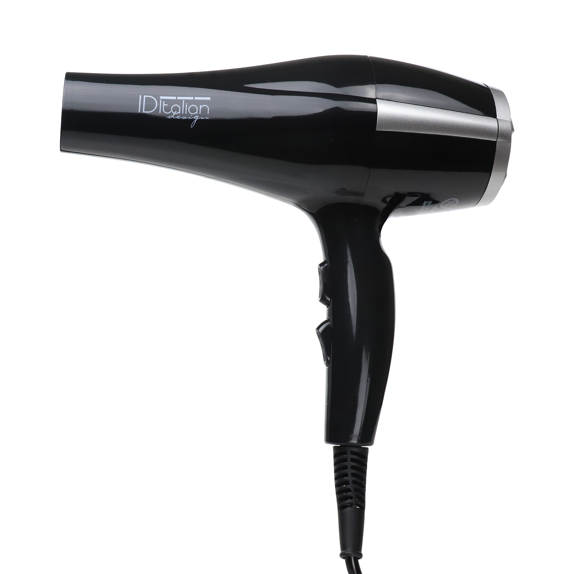 Un asciugacapelli nero con dettagli argento e la scritta "IDitalian design" sul lato, su sfondo bianco.