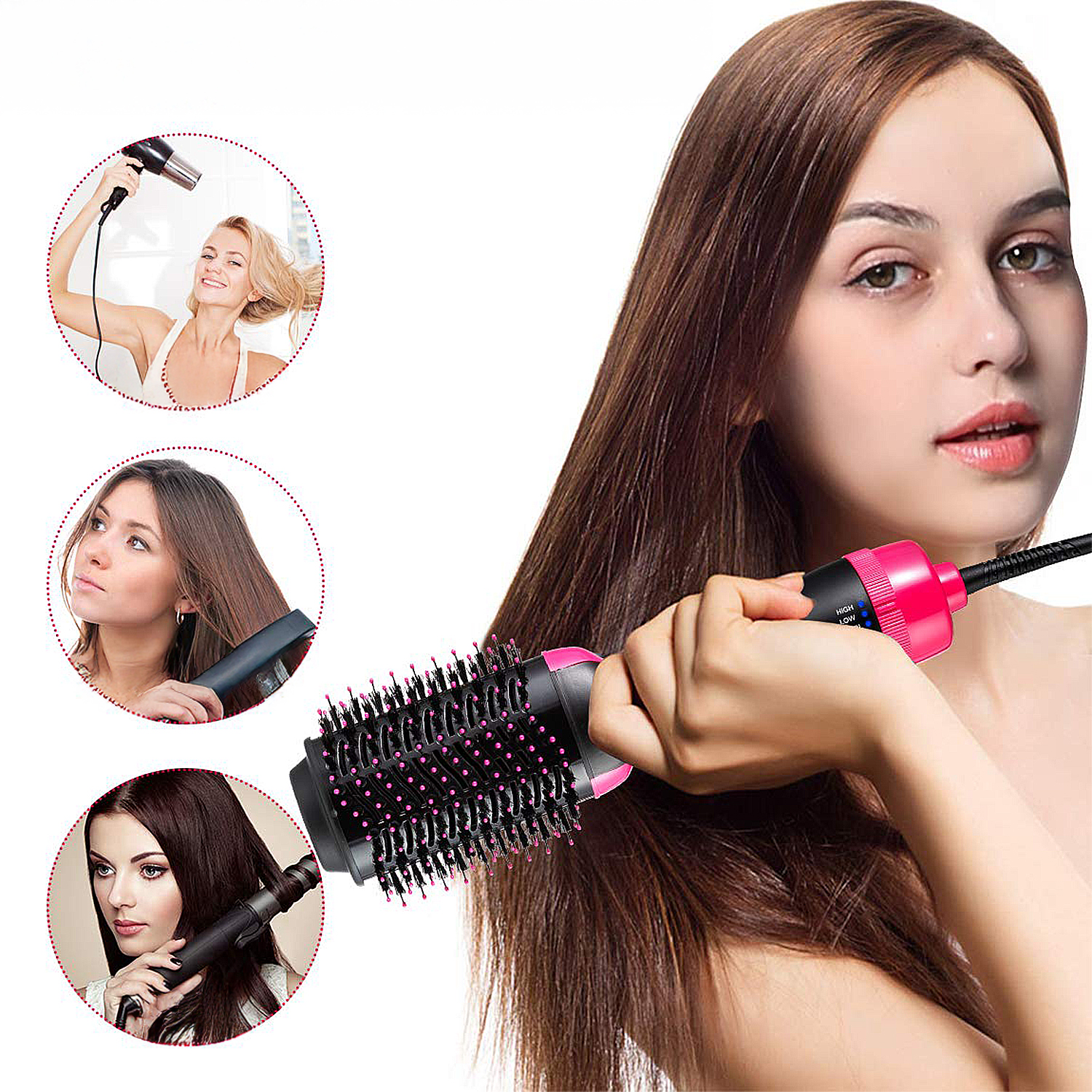 Una donna usa una spazzola ad aria calda sui suoi lunghi capelli castani. Tre immagini più piccole mostrano tecniche di styling.