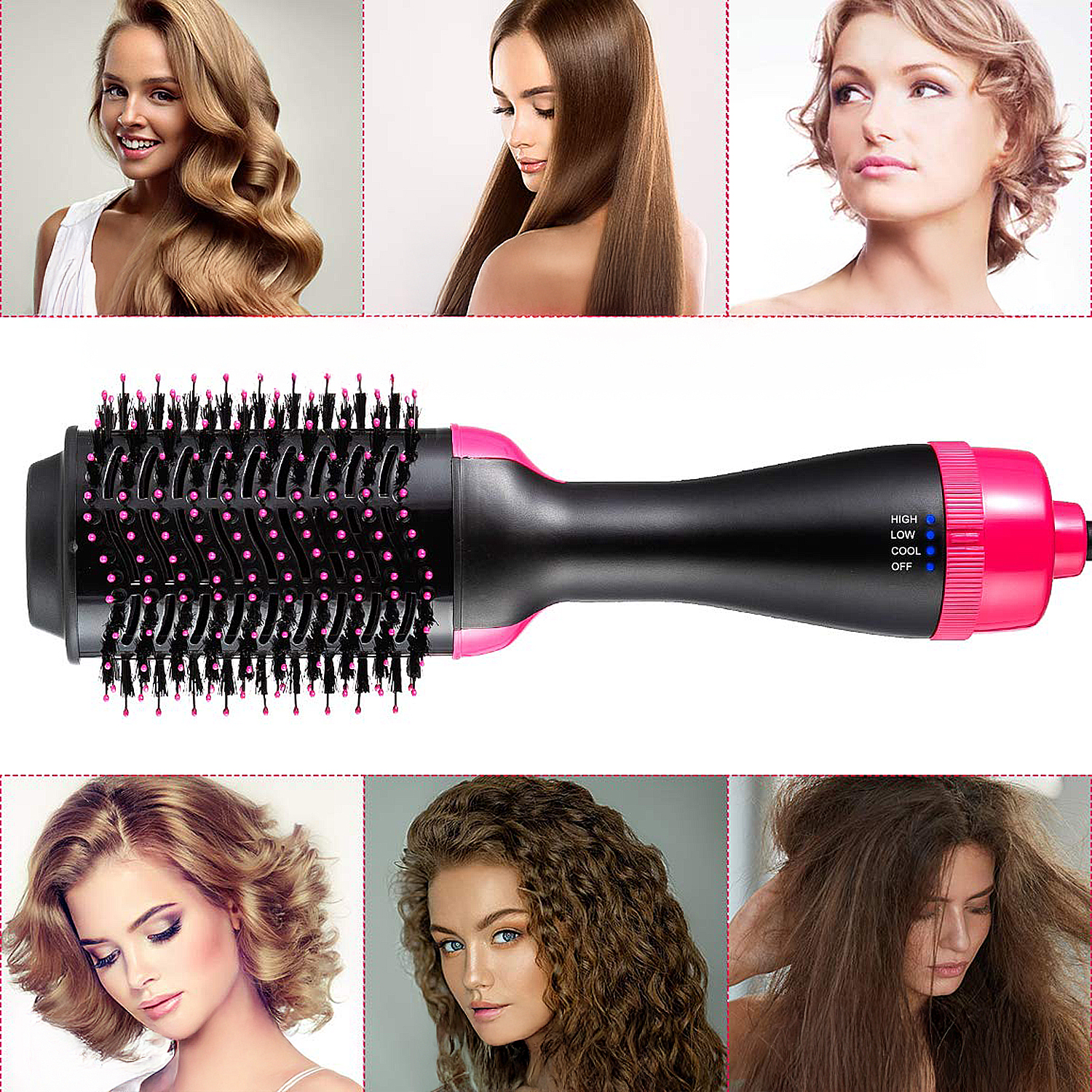 Strumento per lo styling dei capelli con dettagli rosa e neri, circondato da immagini di donne con diverse acconciature, lisce e ricce.
