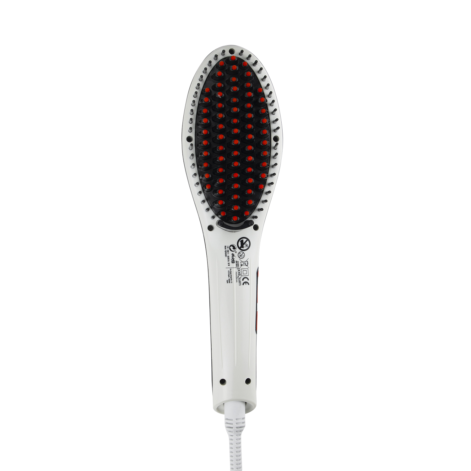 Una spazzola per lisciare i capelli bianca e nera con setole rosse. Ha un manico e un cavo, su sfondo bianco.
