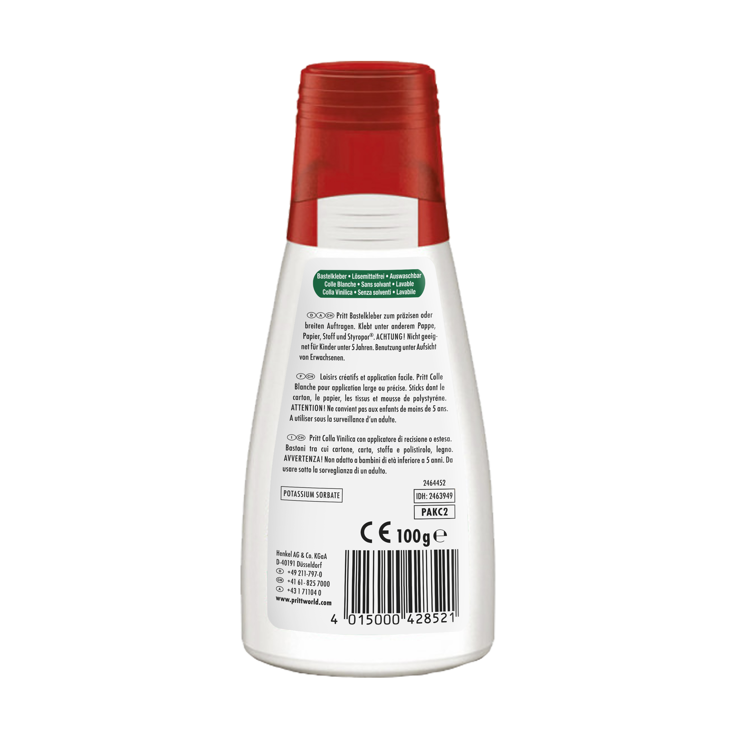 Eine weiße Klebstoffflasche mit roter Kappe. Text in verschiedenen Sprachen zeigt die Verwendung und Warnhinweise.