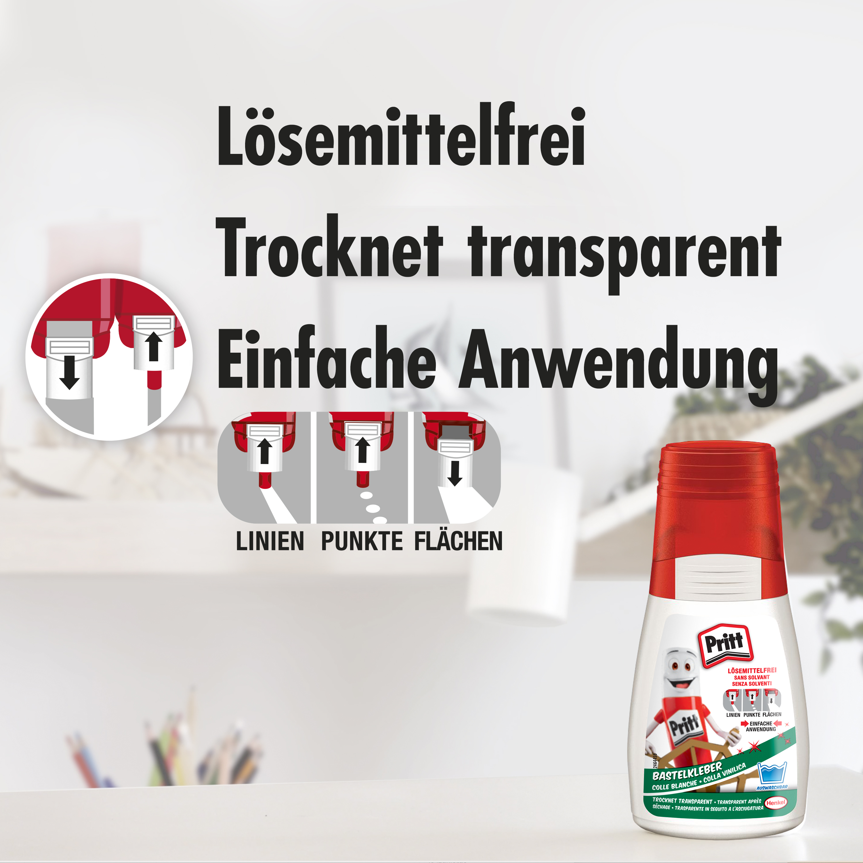 Eine Pritt-Klebstoffflasche mit roter Kappe. Text: lösemittelfrei, trocknet transparent, einfache Anwendung. Anweisungen.