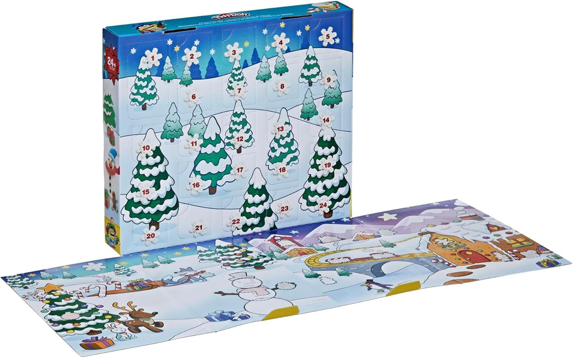 Kalendarz adwentowy Play-Doh. Pudełko ma ponumerowane drzwi z choinkami. Otwarta część przedstawia zimową scenę ze śnieżnym bałwanem.