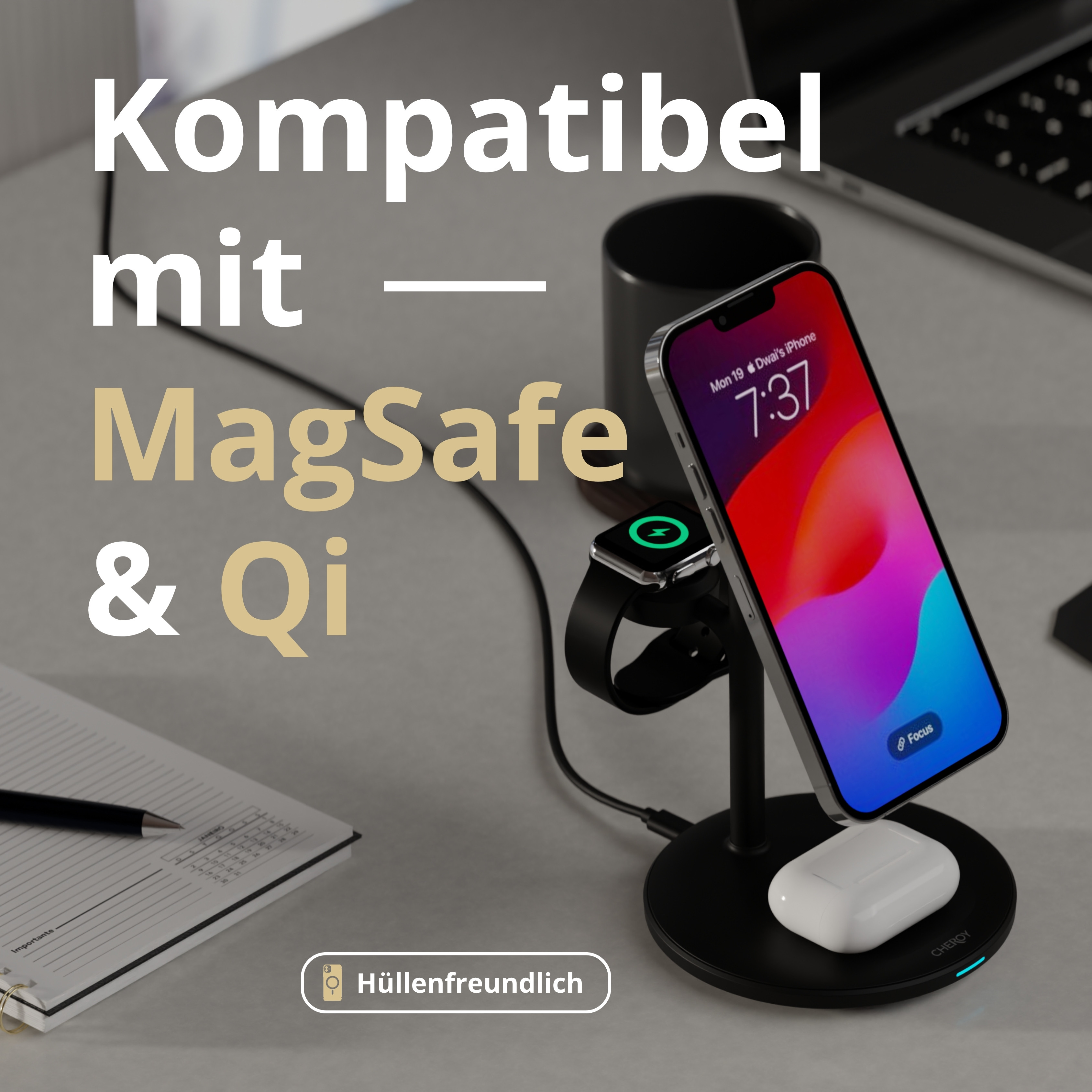 Eine Handy- und Uhrenladestation. Ein Telefon und eine Uhr sind darauf. Text auf Deutsch: kompatibel mit MagSafe und Qi.