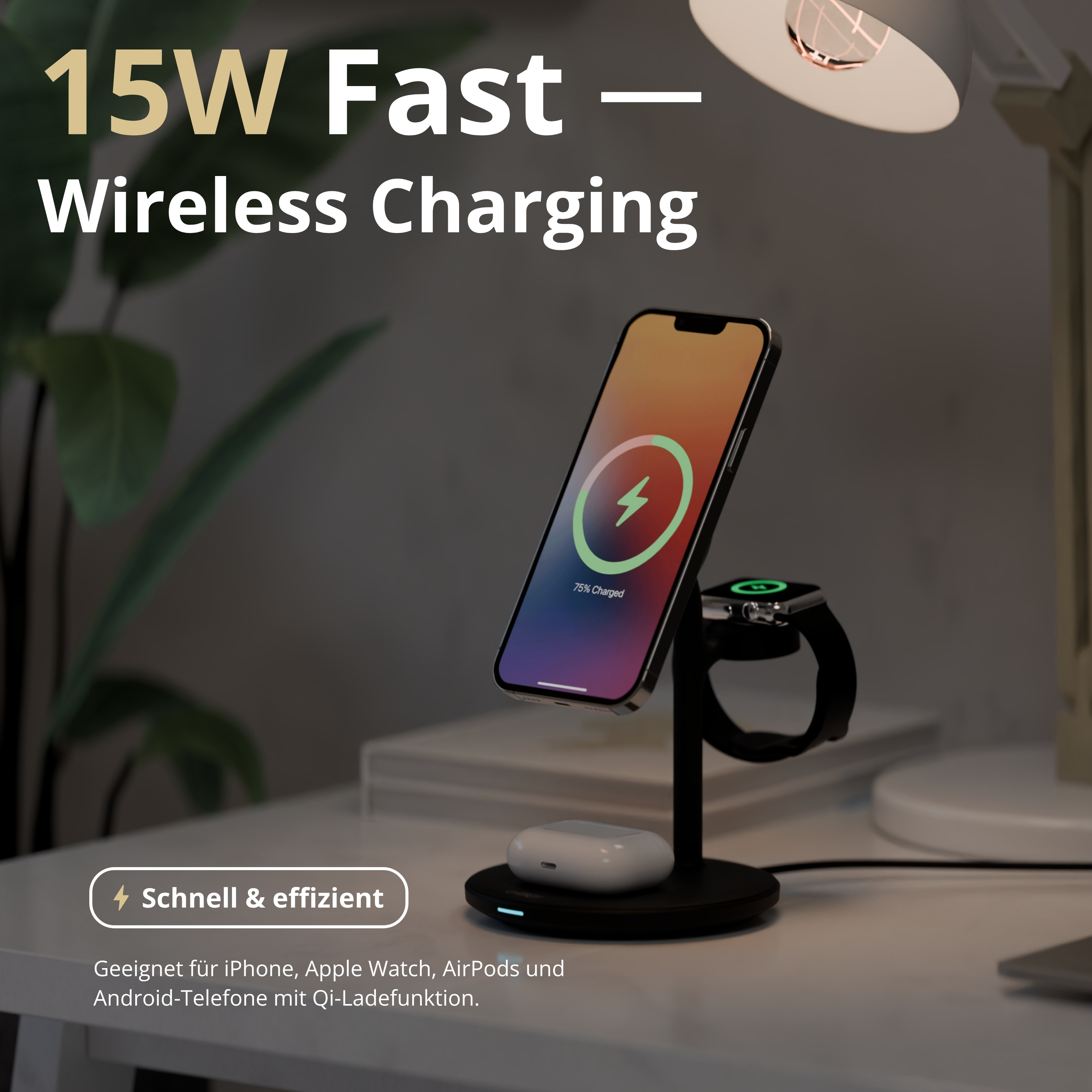 Ein Telefon und eine Uhr befinden sich auf einem kabellosen Ladegerät. Das Telefon zeigt 75 % geladen an. Im Hintergrund befindet sich ein Ladeständer mit einer Lampe.