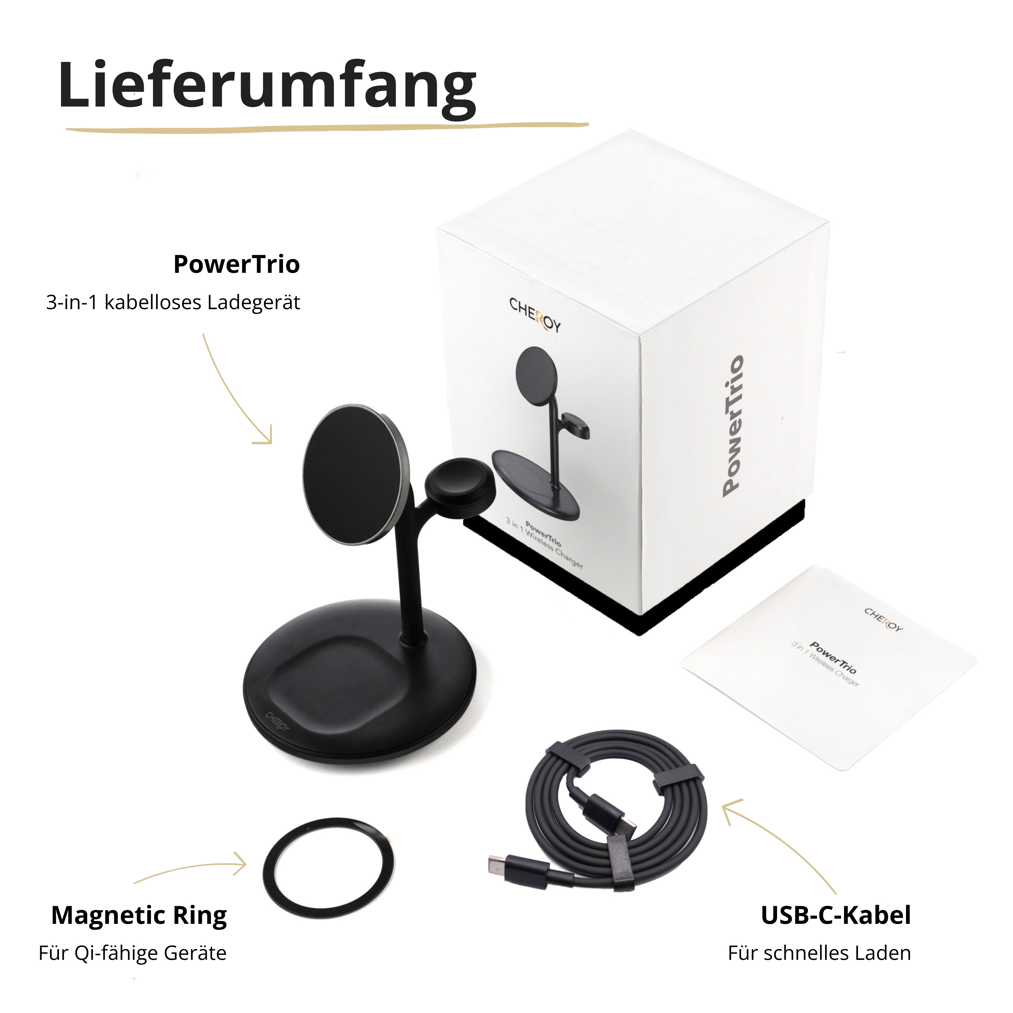 Das Bild zeigt ein PowerTrio-Wireless-Ladegerät, ein USB-C-Kabel, einen Magnetring und eine weiße Box.