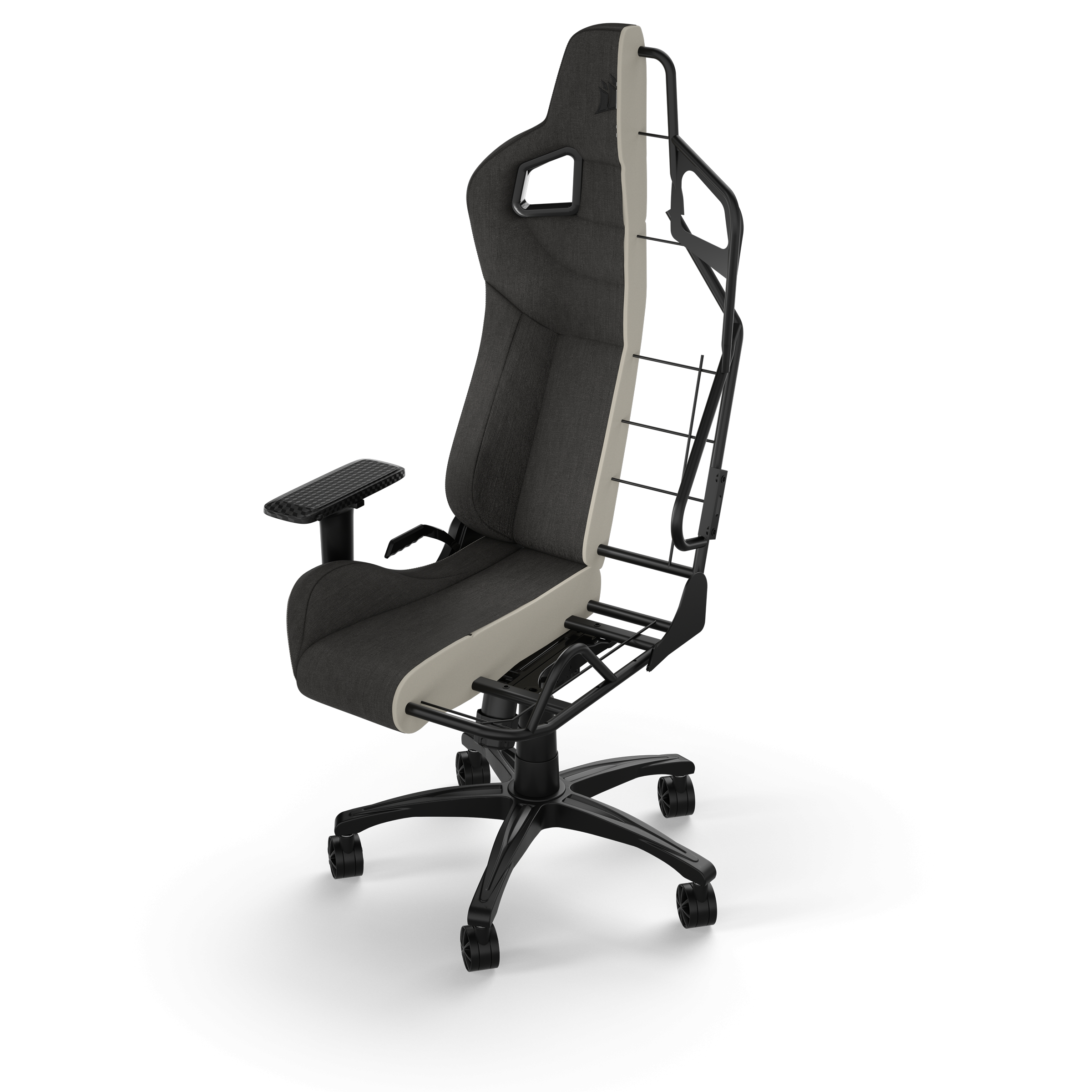Una silla gamer con una vista recortada. Tela negra y gris, lado blanco y marco negro. Las ruedas son visibles.
