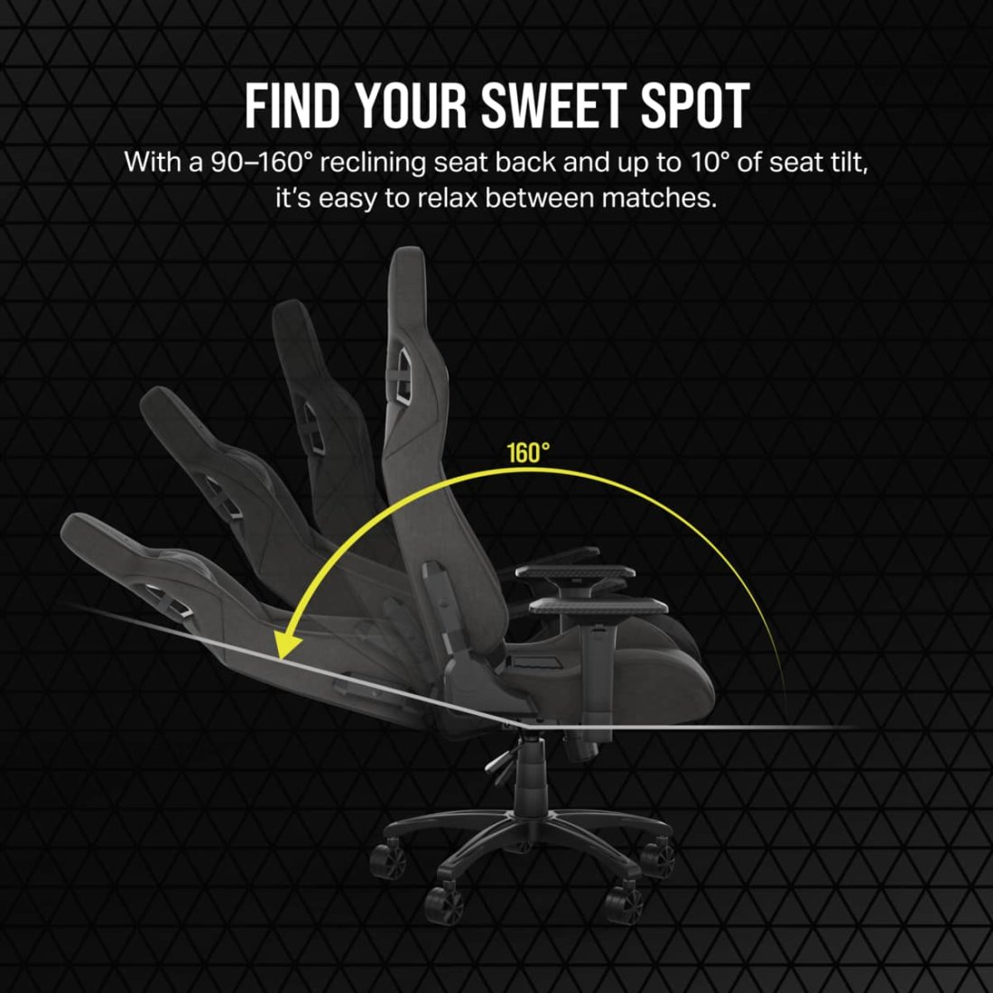 Una silla gaming con múltiples posiciones reclinables, ilustrada con un arco amarillo y el número 160 grados. Texto: Encuentra tu Sweet Spot.