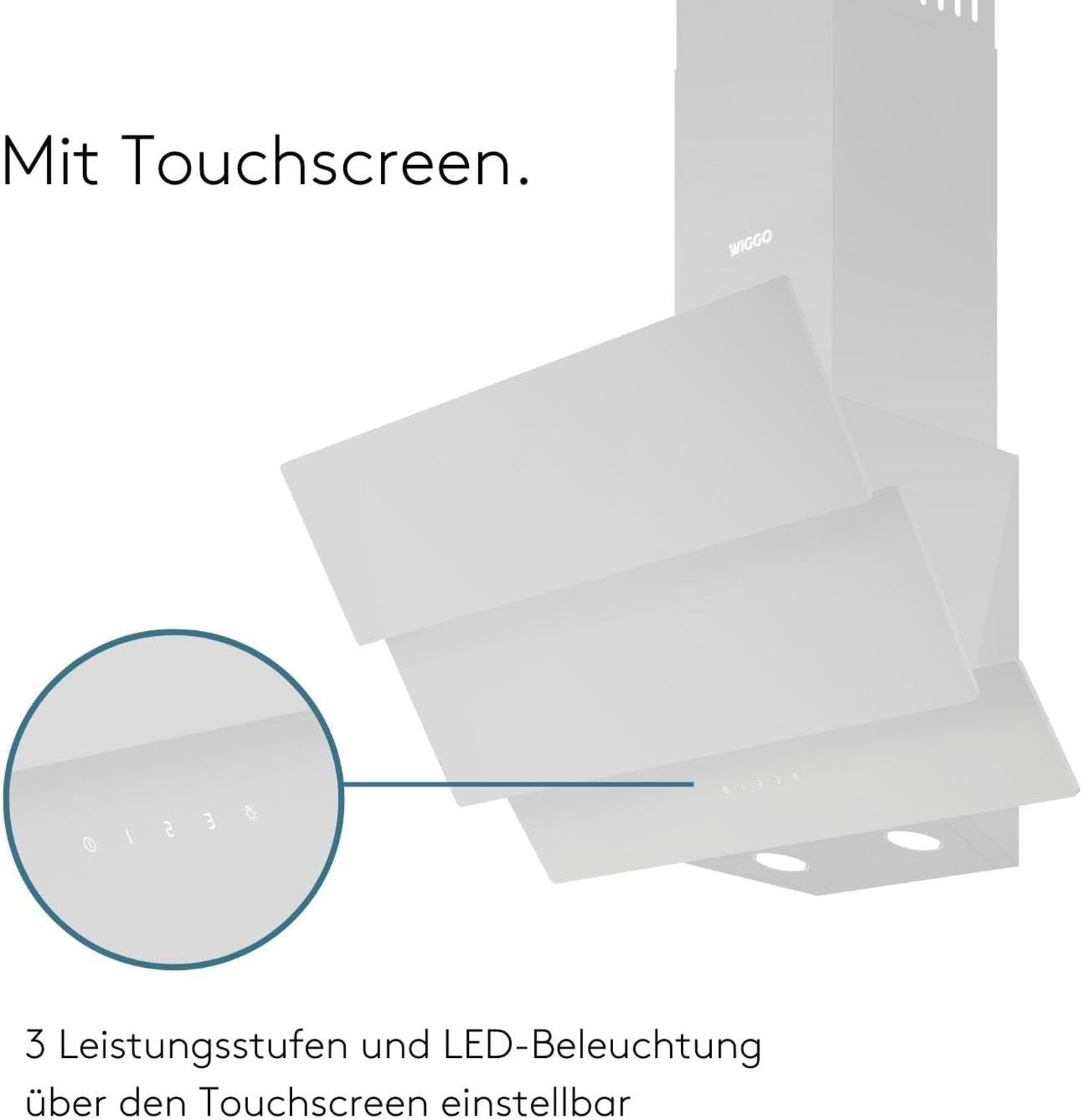 Hotte aspirante blanche avec écran tactile. Affiche les niveaux de puissance et l'éclairage LED, réglable via l'écran tactile.