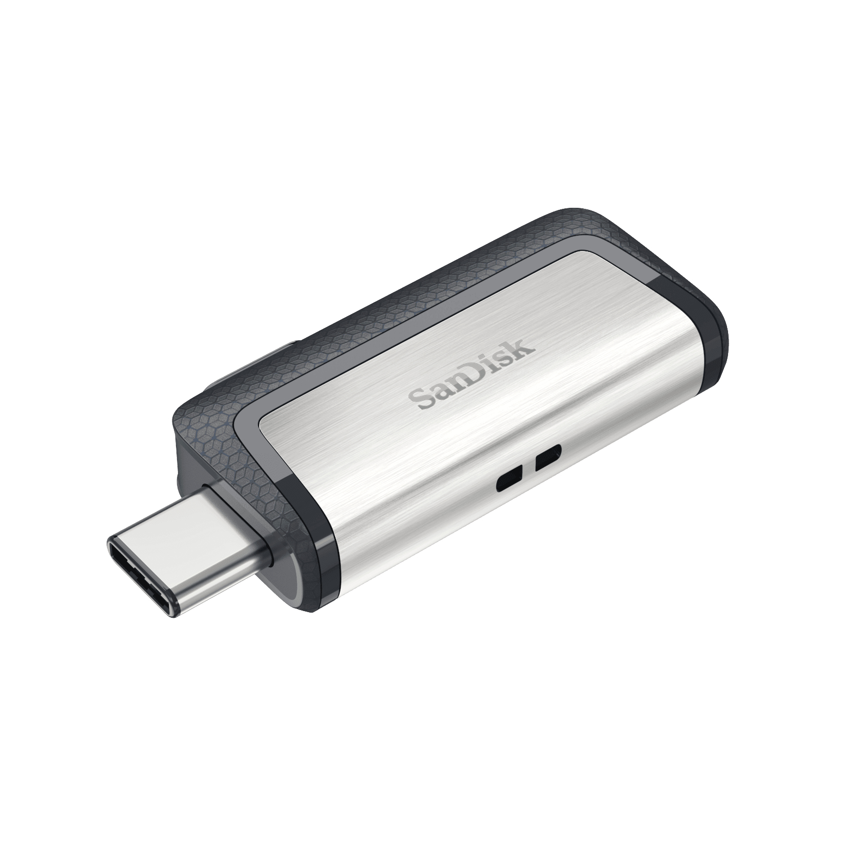 Ein silberner und schwarzer SanDisk USB-C-Flash-Laufwerk auf weißem Hintergrund. Es hat ein sechseckiges Muster.