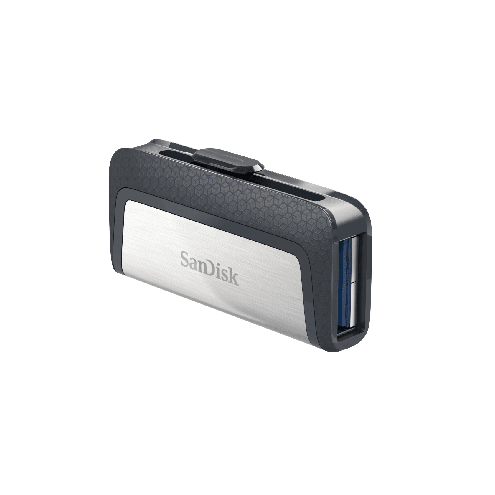 Ein silberner und grauer Sandisk-USB-Stick vor weißem Hintergrund. Er hat einen Schiebemechanismus und einen USB-Anschluss.