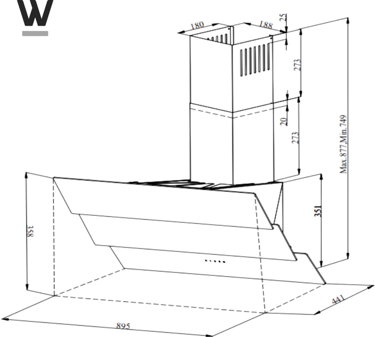 Diagramme d'une hotte de cuisine avec dimensions en mm. Il montre les vues avant et latérales.
