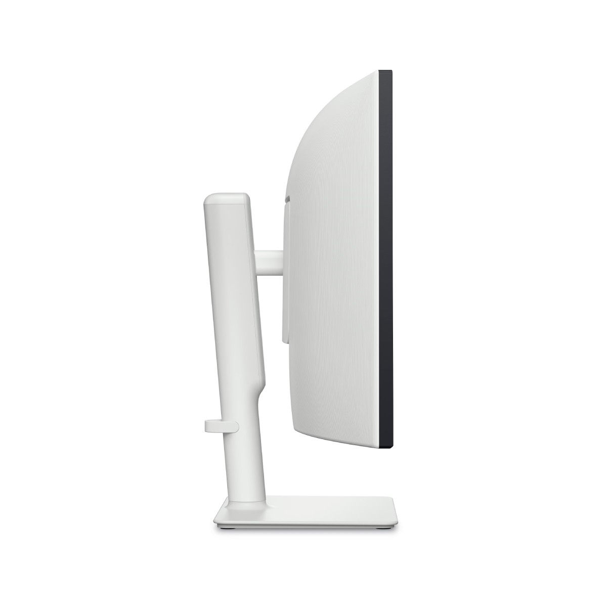 Biały zakrzywiony monitor komputerowy jest pokazany z profilu. Ekran ma czarną ramkę. Podstawa i tył są białe. Tło jest białe.