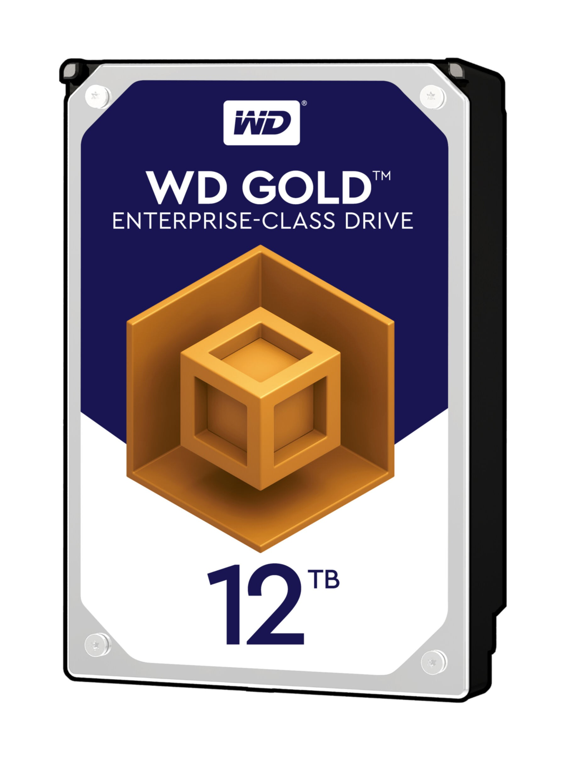 Dysk twardy z niebiesko-białą etykietą. Ma złoty sześcian i mówi WD Gold 12TB Enterprise-Class Drive.