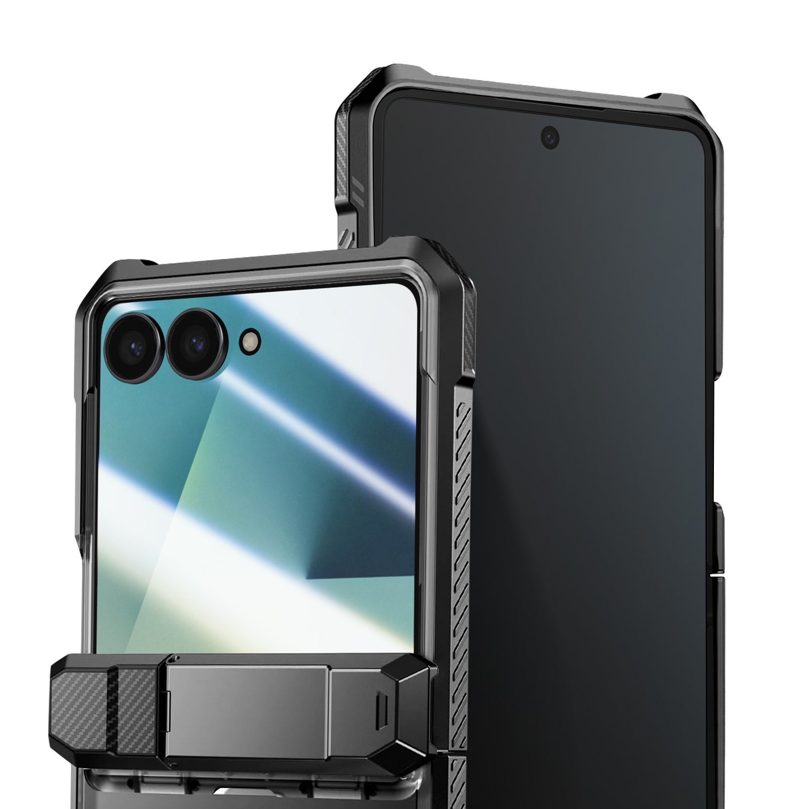 Zwei schwarze Smartphones in Schutzhüllen. Eines geöffnet, Bildschirm zeigend, das andere geschlossen. Weißer Hintergrund.