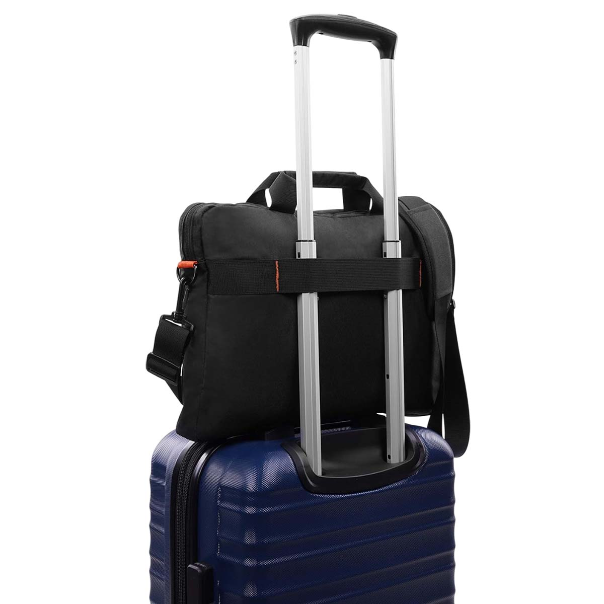 A black laptop bag is secured on top of a blue rolling suitcase. The luggage has a silver handle extended upwards.