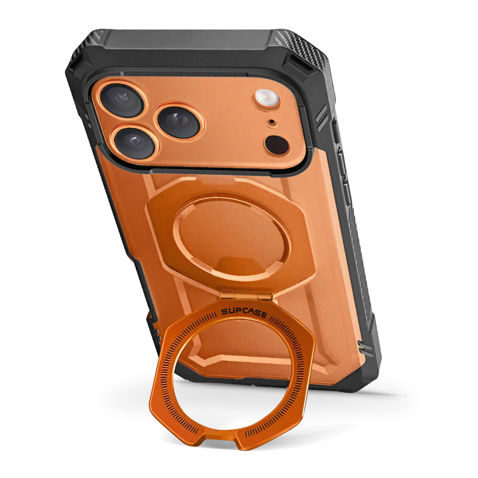 Una custodia arancione per telefono con cornice nera e supporto ad anello. La custodia ha tre obiettivi.