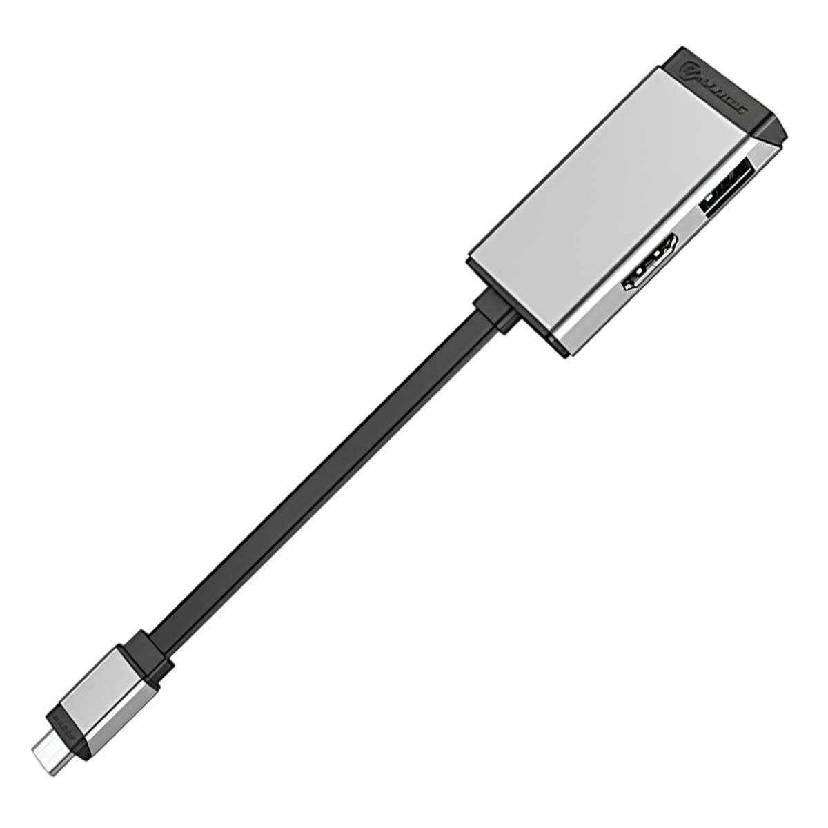 Concentrador USB-C plateado con cable negro. Tiene puertos HDMI y USB. El fondo es blanco.
