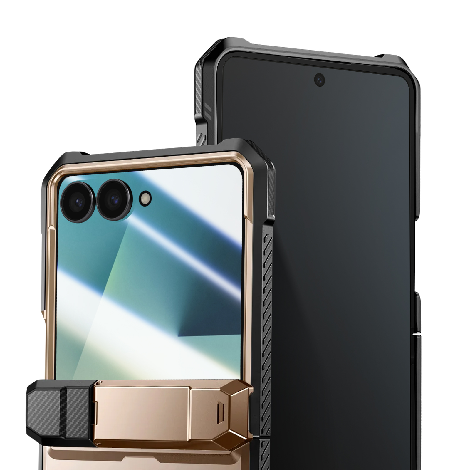 Zwei Smartphones, eines gefaltet, in Schutzhüllen. Das gefaltete Telefon hat ein goldfarbenes Gehäuse mit schwarzen Akzenten.