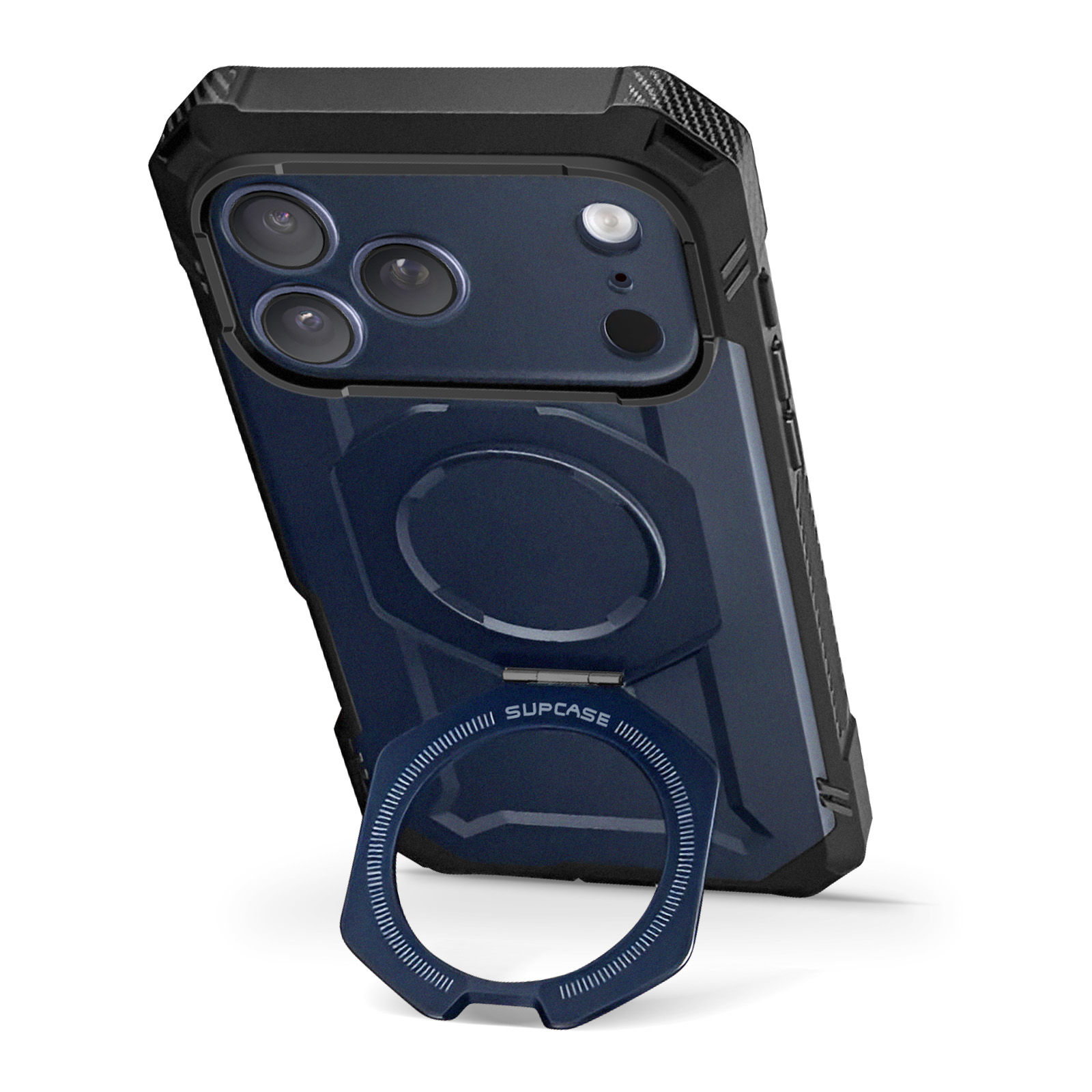 Una custodia per telefono blu scuro con un supporto ad anello. La custodia è angolata, mostrando la fotocamera del telefono e il supporto.