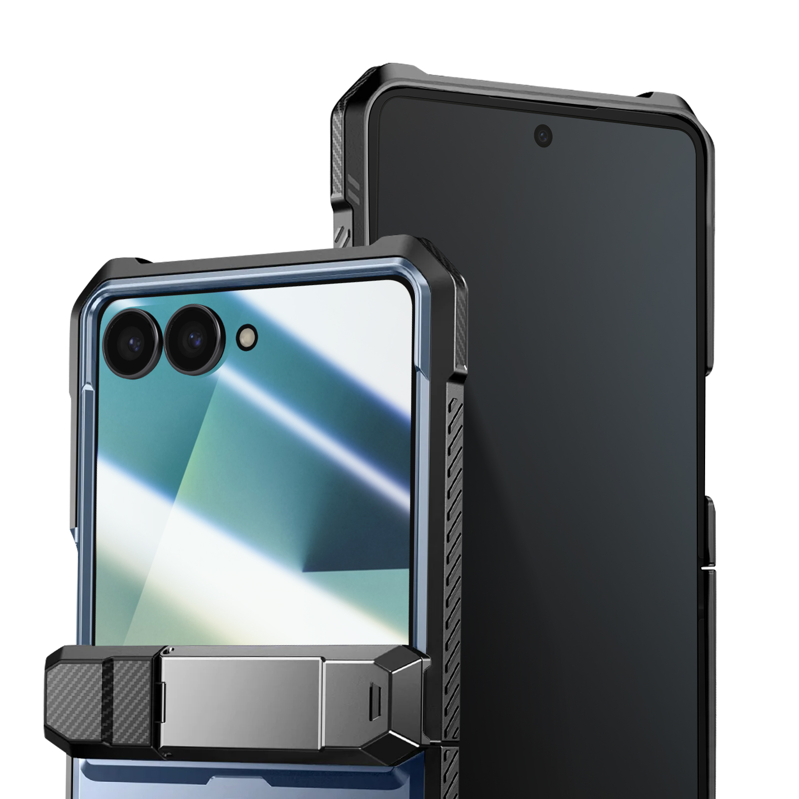 Zwei Smartphones in Schutzhüllen. Eines ist gefaltet und zeigt Kameras. Das andere ist offen.