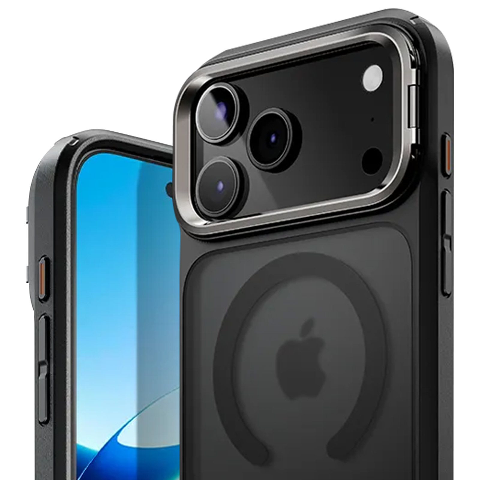 Custodia nera per iPhone con tre obiettivi, retro trasparente e logo Apple. Lo schermo è blu.
