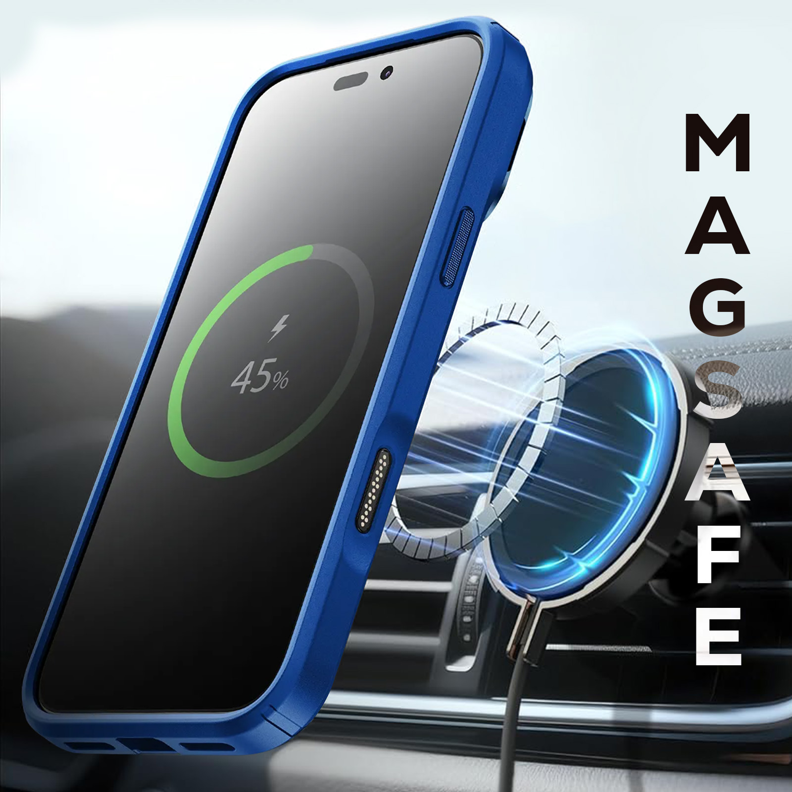 Telefono blu in una custodia in carica su un supporto per auto. Lo schermo mostra il 45% di carica. Testo MAGSAFE visibile.