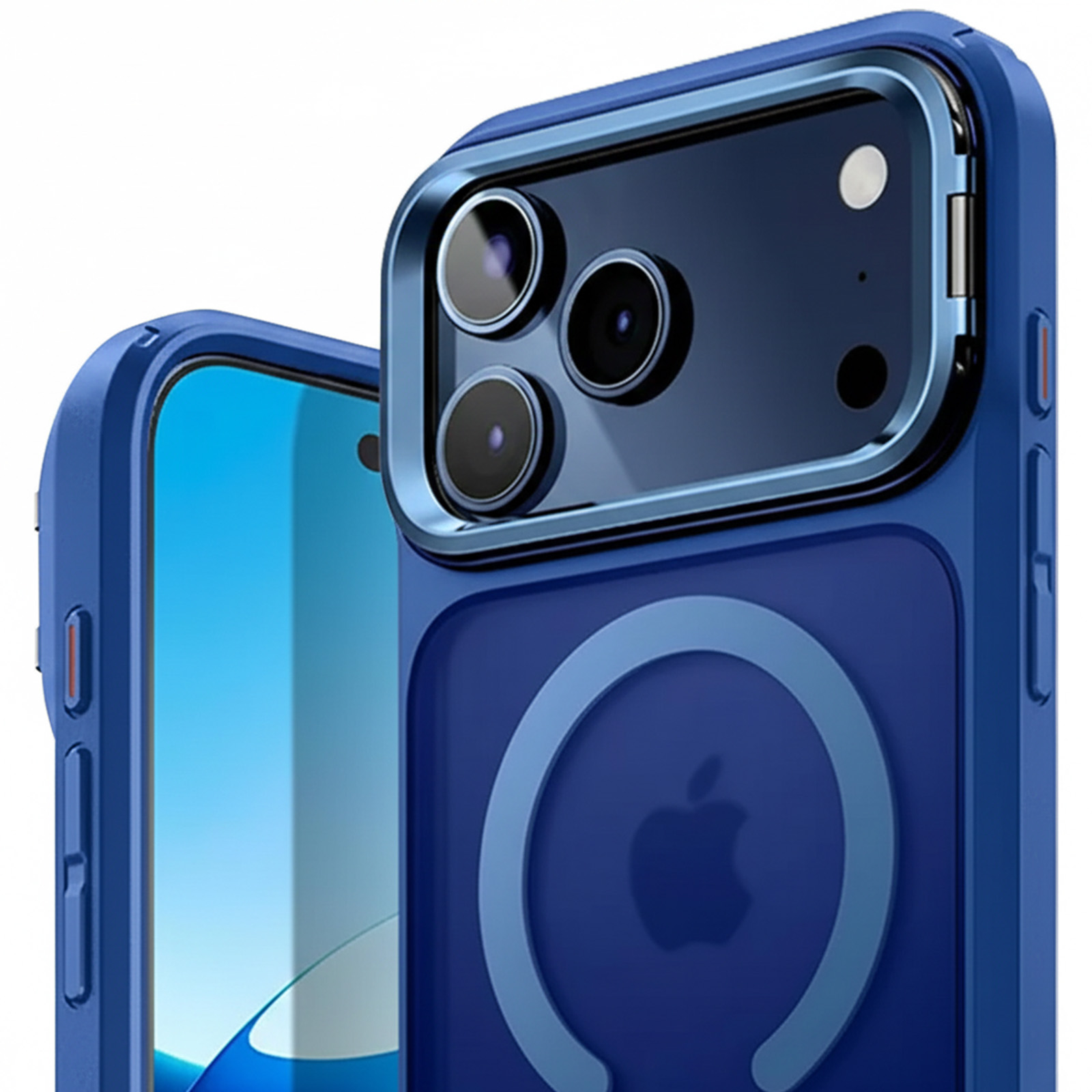 Primo piano di due custodie blu per iPhone. Una mostra le lenti della fotocamera, l'altra lo schermo. È visibile un logo Apple.