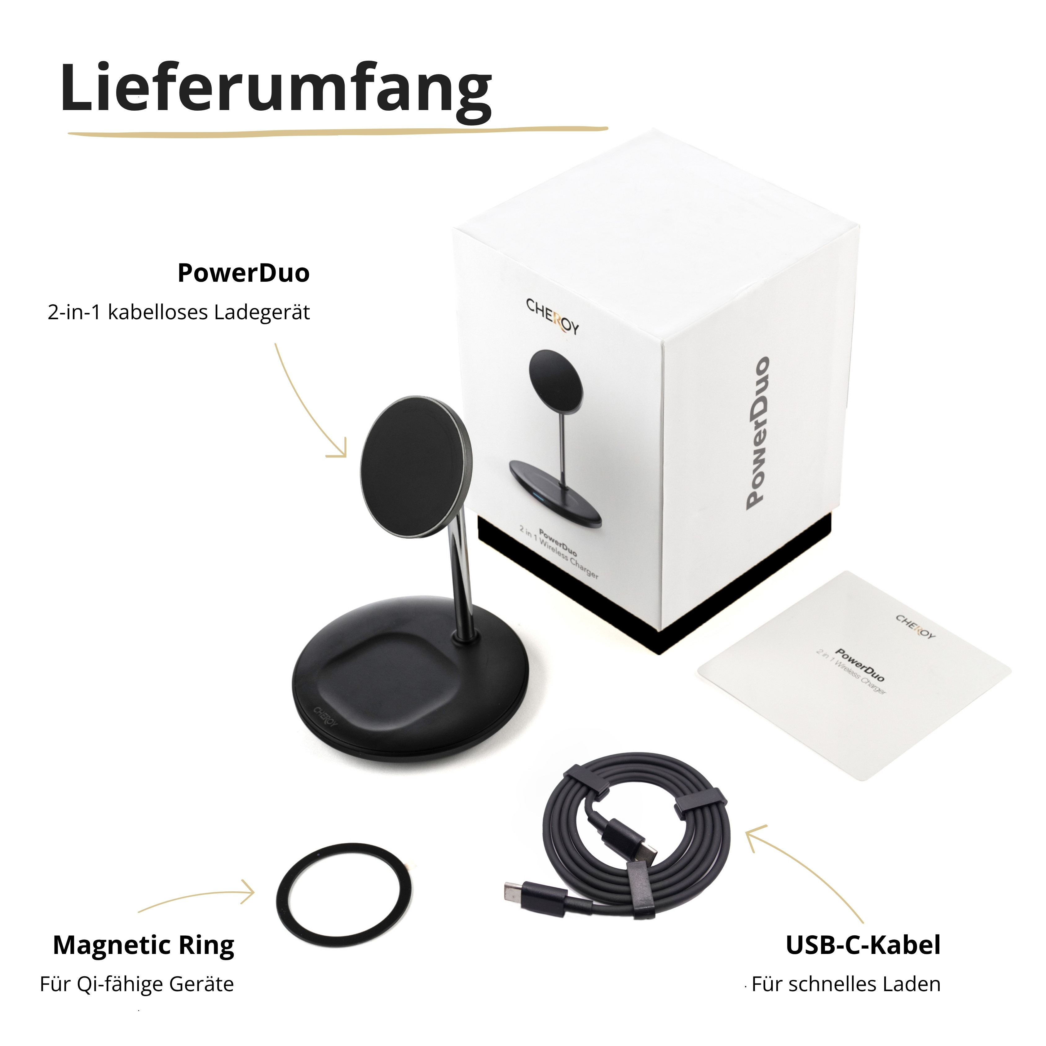 Produktbox mit Ladegerät, Kabel und Ring. Das Ladegerät ist schwarz, die Box weiß mit Markenname.