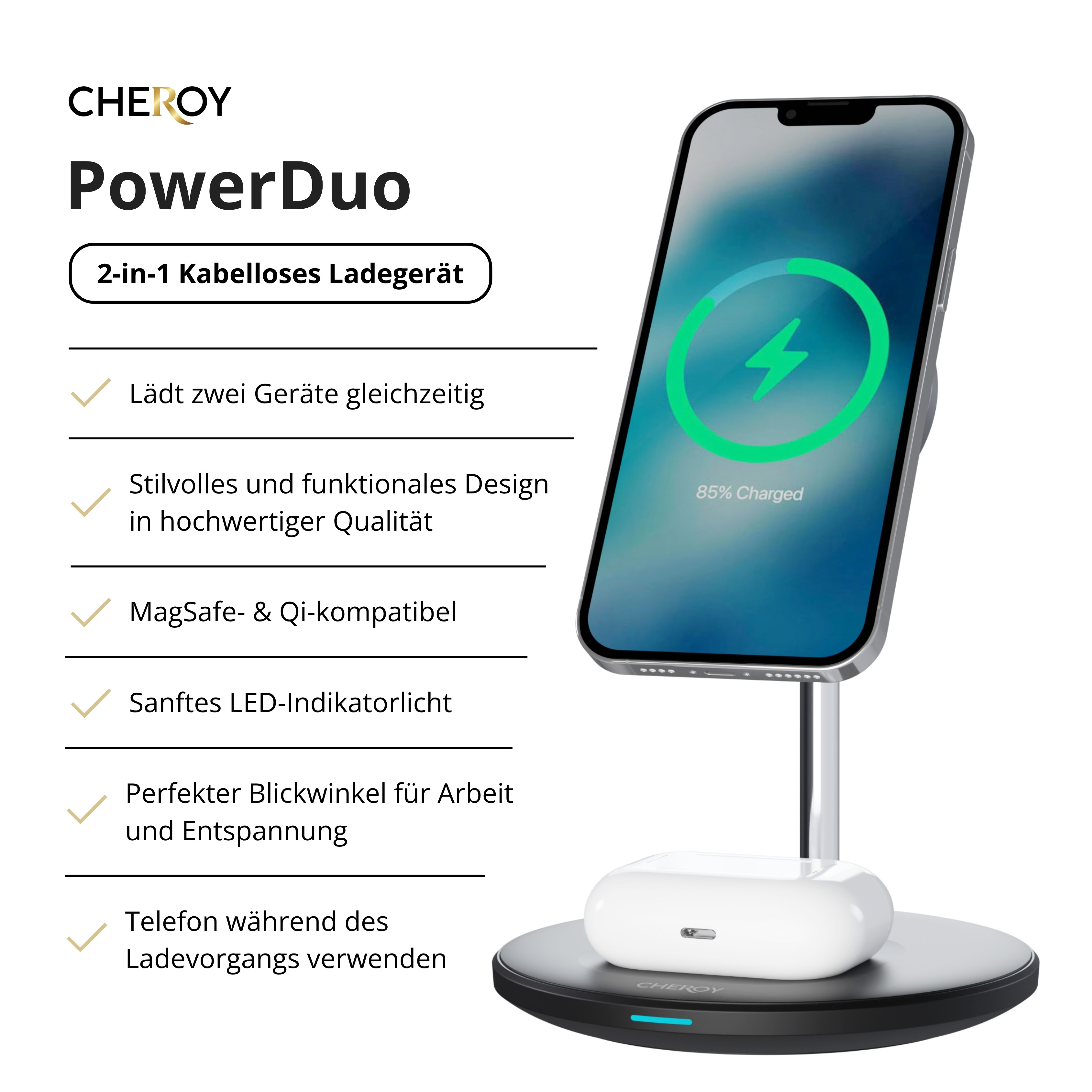 Ein Telefon, das auf einem kabellosen Ladegerät mit einer Ohrhörerhülle aufgeladen wird. Das Telefon zeigt 85 % geladen an.