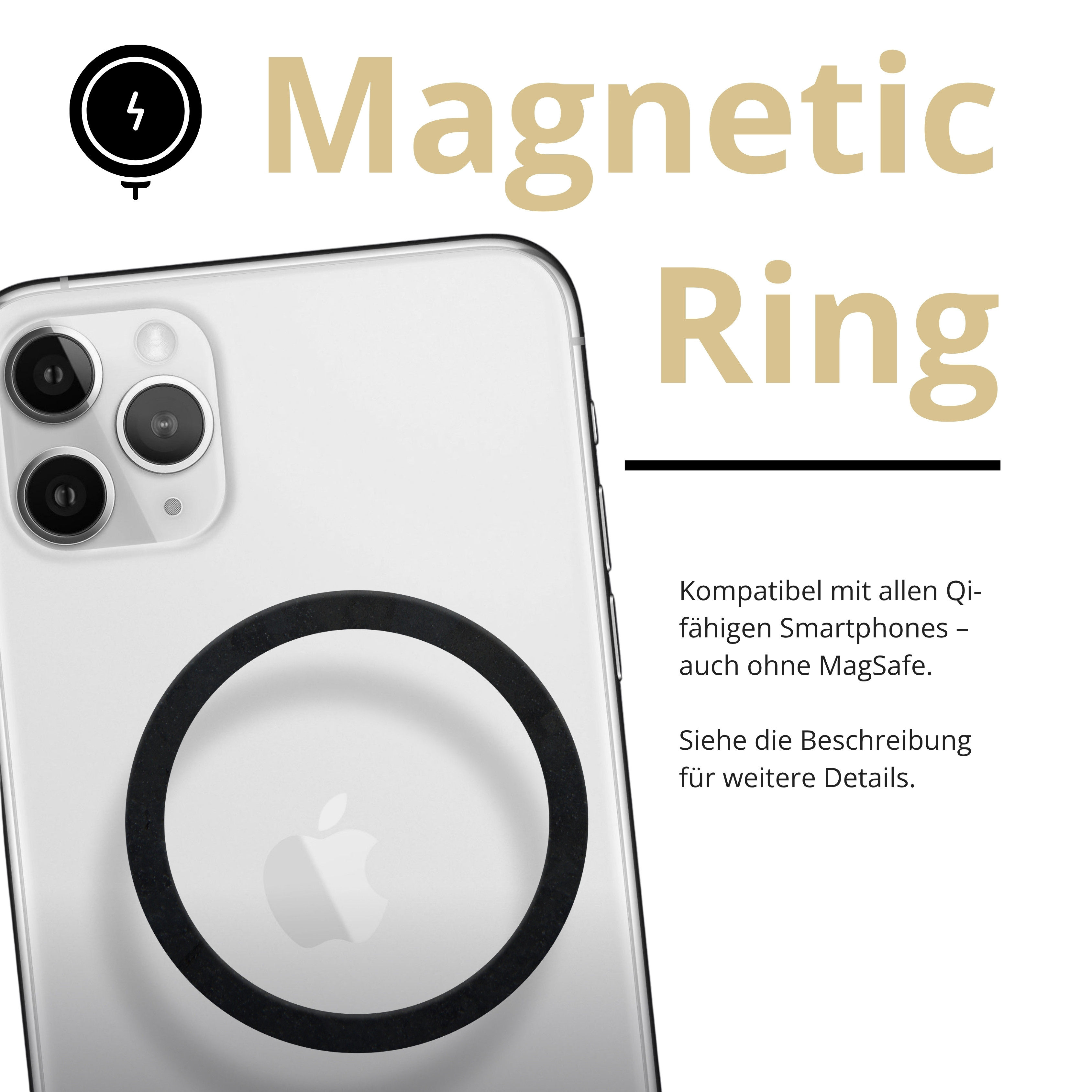 Ein weißes iPhone mit einem schwarzen Magnetring wird gezeigt. Text sagt 'Magnetic Ring'. Kompatibilitätsdetails unten.
