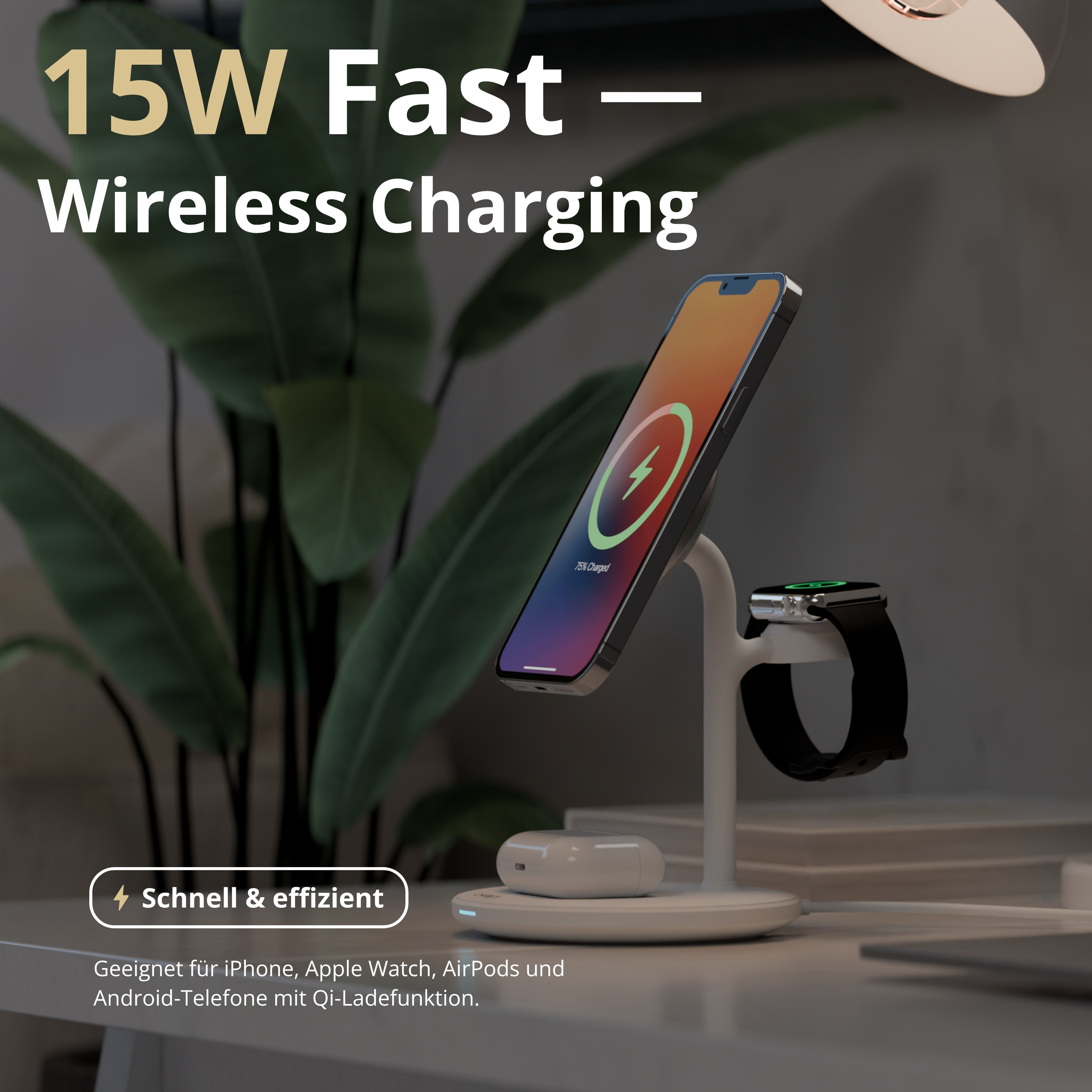Eine weiße Ladestation mit Telefon und Uhr sowie AirPods. Telefon zeigt 75% geladen an.