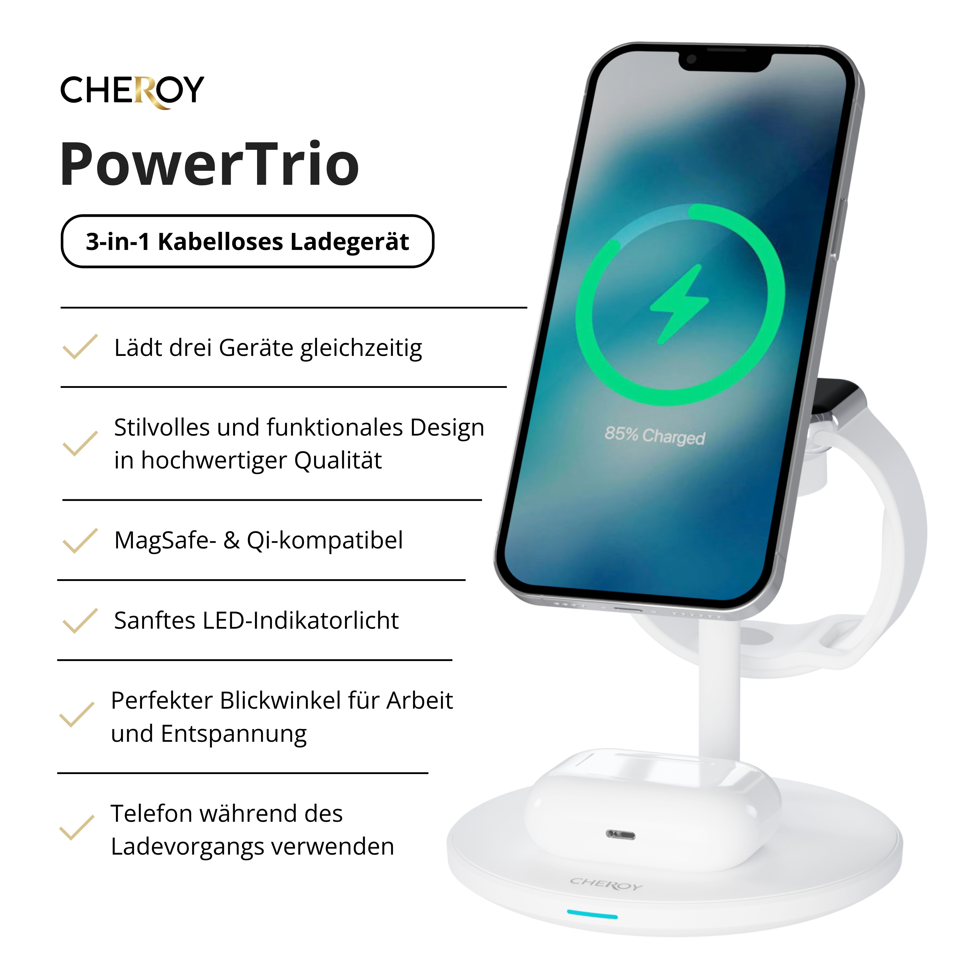 Eine weiße Ladestation mit Telefon, Uhr und Ohrhörern. Das Telefon wird geladen.