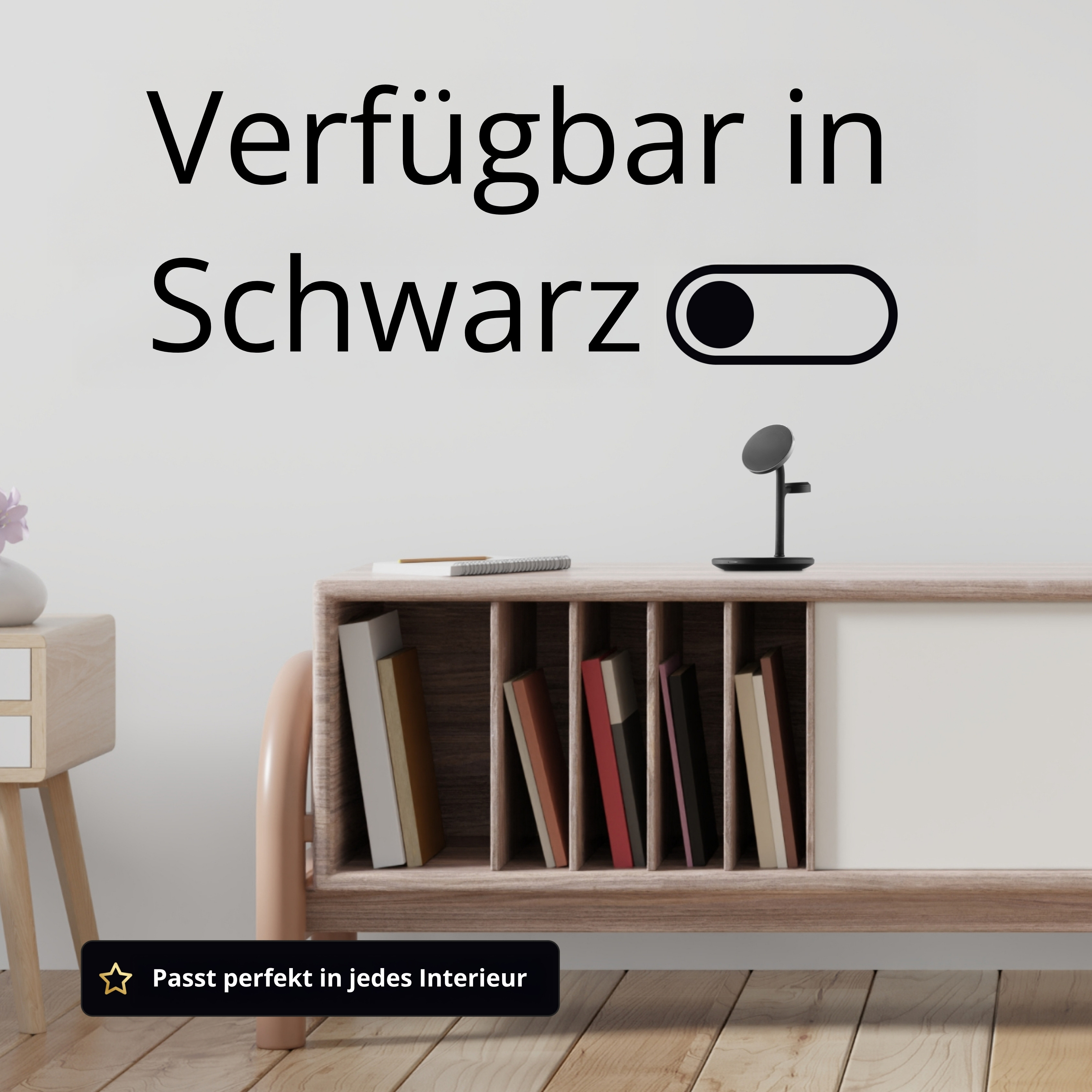 Das Bild zeigt einen Schrank mit Büchern und Text auf Deutsch: Erhältlich in Schwarz. Ein Schalter wird angezeigt.