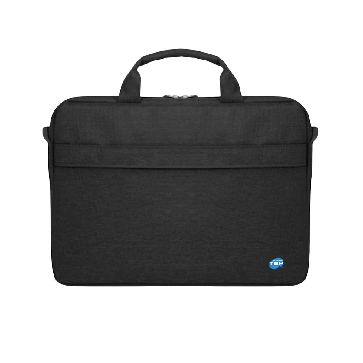 Una borsa nera per laptop con manico. Ha una tasca frontale e un logo blu 'TEK'. Lo sfondo è bianco.