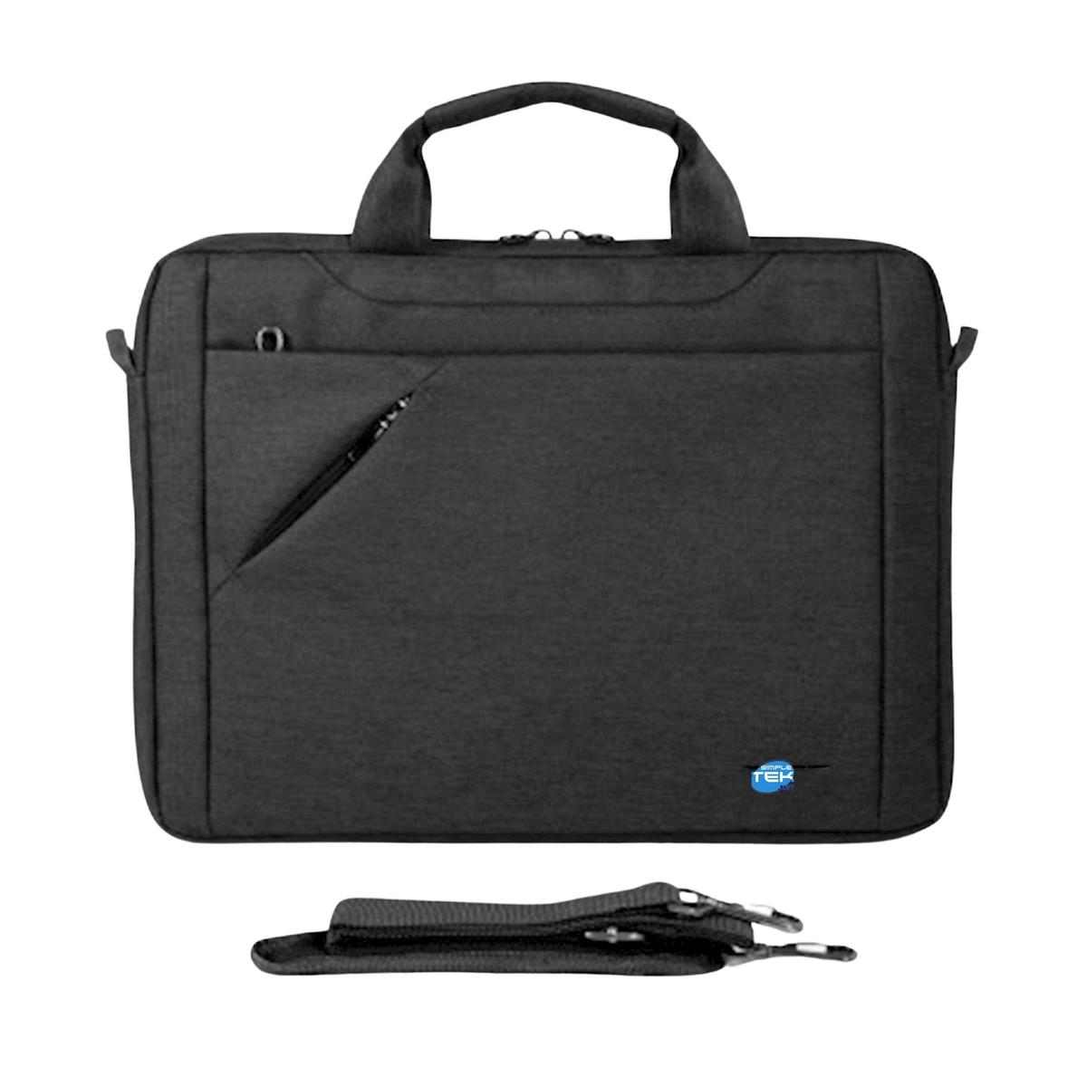 Borsa nera per laptop con manico, tasca frontale con zip e tracolla staccabile. Piccolo logo blu in basso a destra.