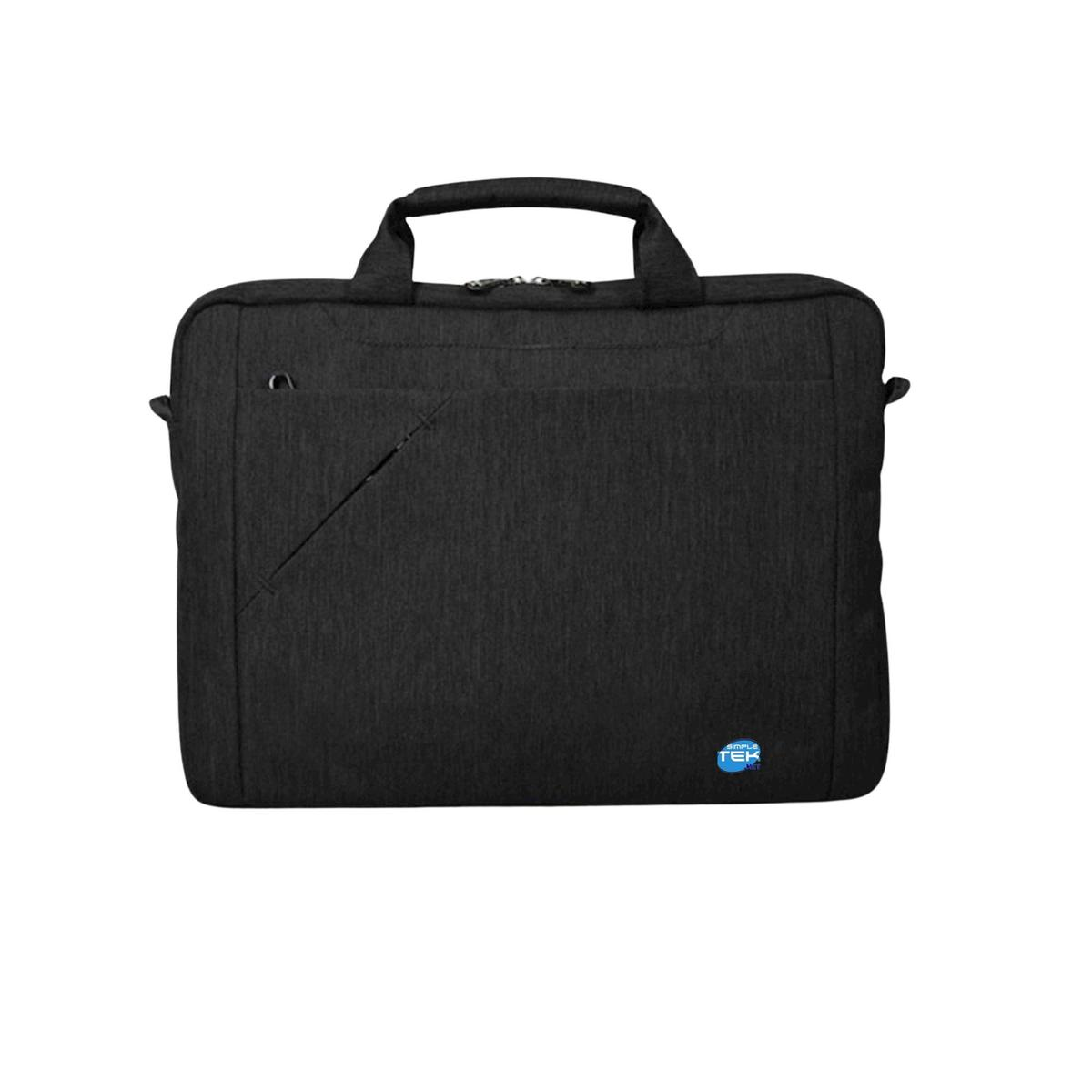 Una borsa nera per laptop con manico. Ha una tasca diagonale e un piccolo logo nell'angolo in basso a destra.
