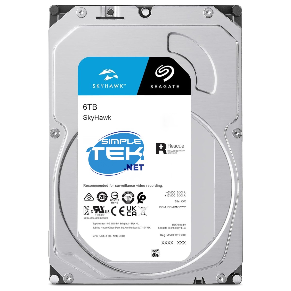 Dysk twardy Seagate SkyHawk 6 TB. Ma niebieską etykietę z białym tekstem. Zalecany do nagrywania wideo.