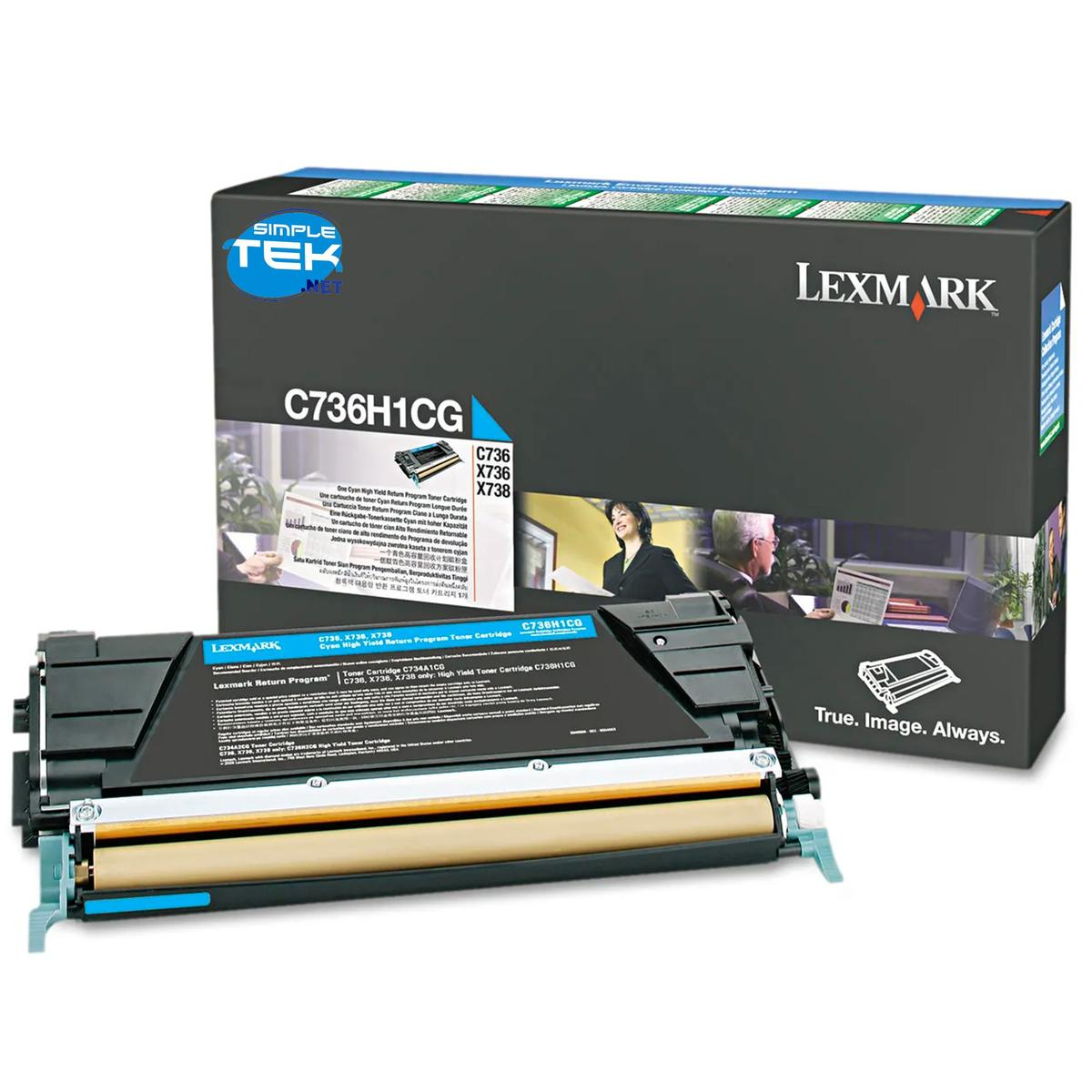 Lexmark C736H1CG tonercartridge, zwart en cyaan. De doos heeft Lexmark-branding en afbeeldingen van mensen.