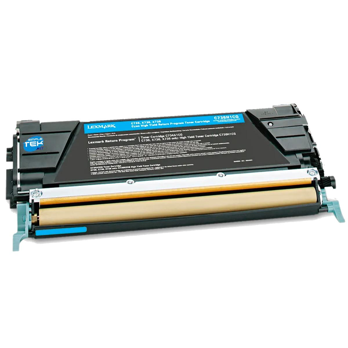 Een Lexmark cyaan tonercartridge. Het heeft zwarte en blauwe details, met tekstlabels. De achtergrond is wit.